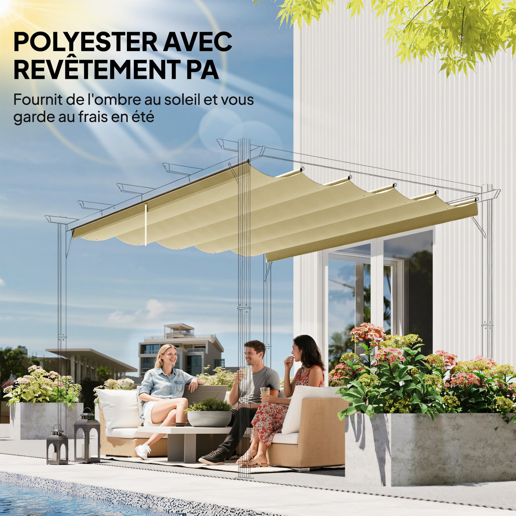 Toile de toit pour pergola tonnelle rétractable de 3 x 3 m - toile uniquement 250 x 255 cm beige