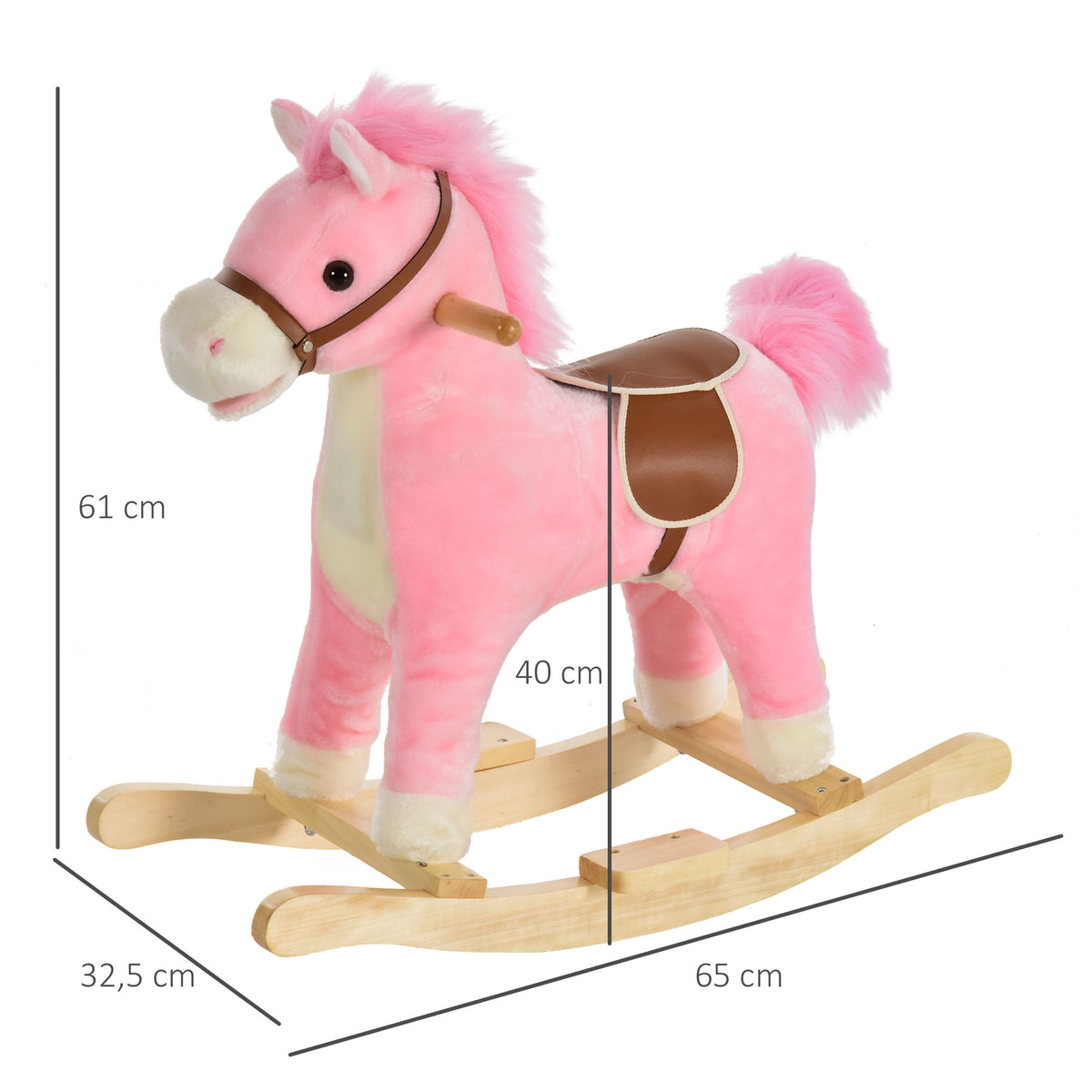 Schaukelpferd mit komfortablem Sitz, weichem Kurzflor-Plüsch und Gestell aus Pappelholz, Rosa, Maße: 65 L x 32,5 B x 61 H cm