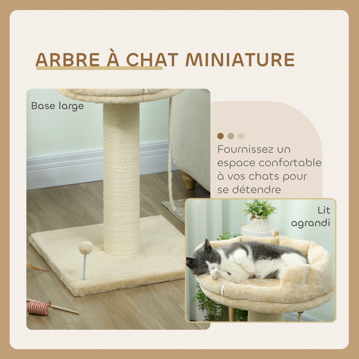 Arbre à chat grattoir design jeu boule et cordelette suspendue+ plateforme peluche - 55 x 55 x 83 cm - sisal beige