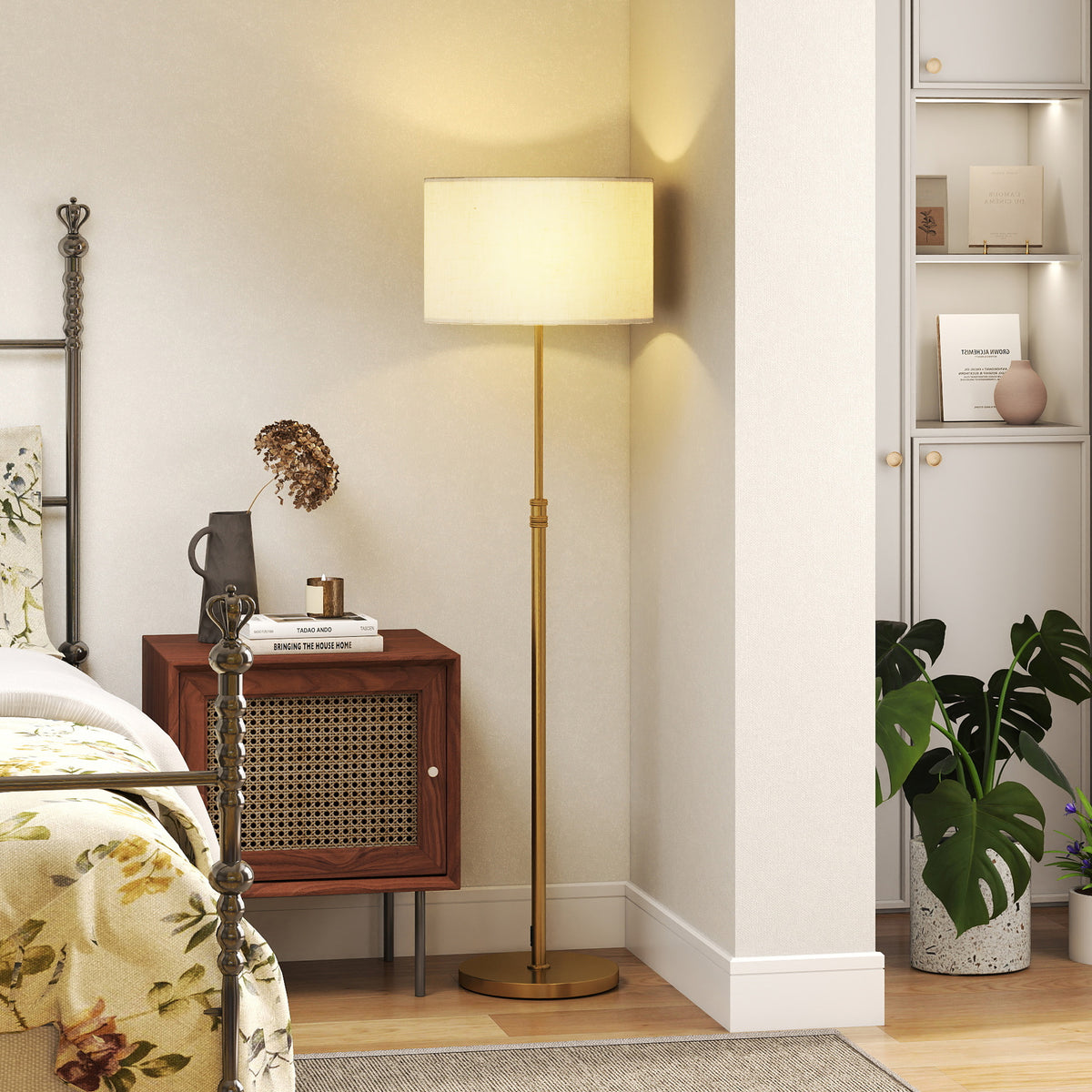Lampadaire sur pied salon, lampe sur pied dimmable avec télécommande, abat-jour en lin, hauteur réglable 133-168cm, doré