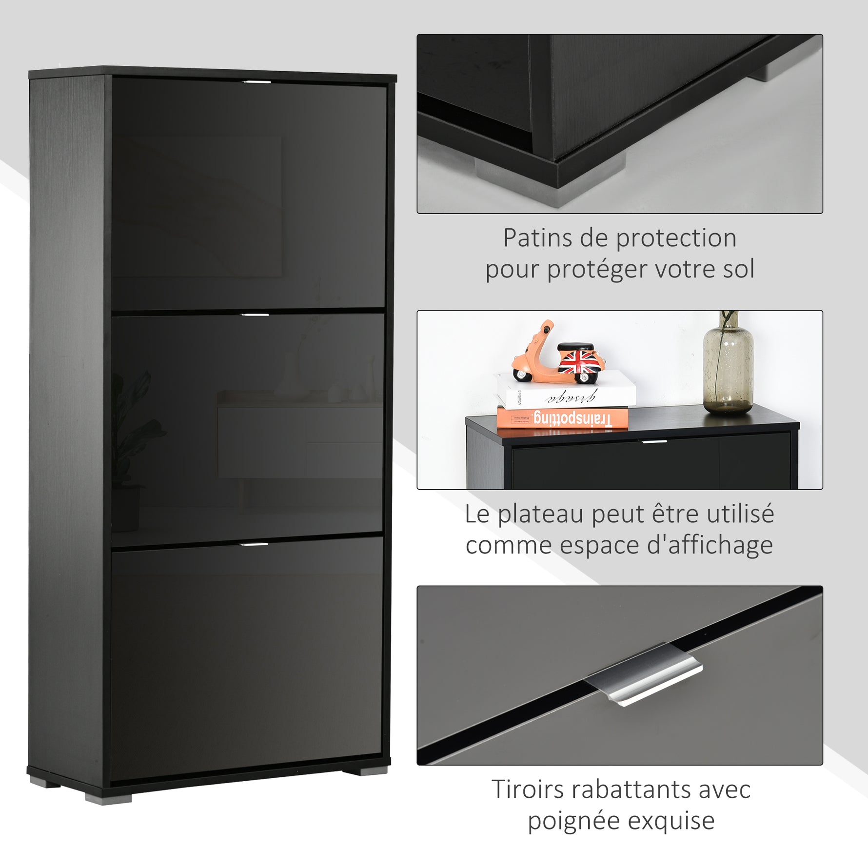 Meuble à Chaussures Armoire à chaussures 3 Portes abattantes 3 Compartiments en bois 60L x 26I x 124H cm Noir