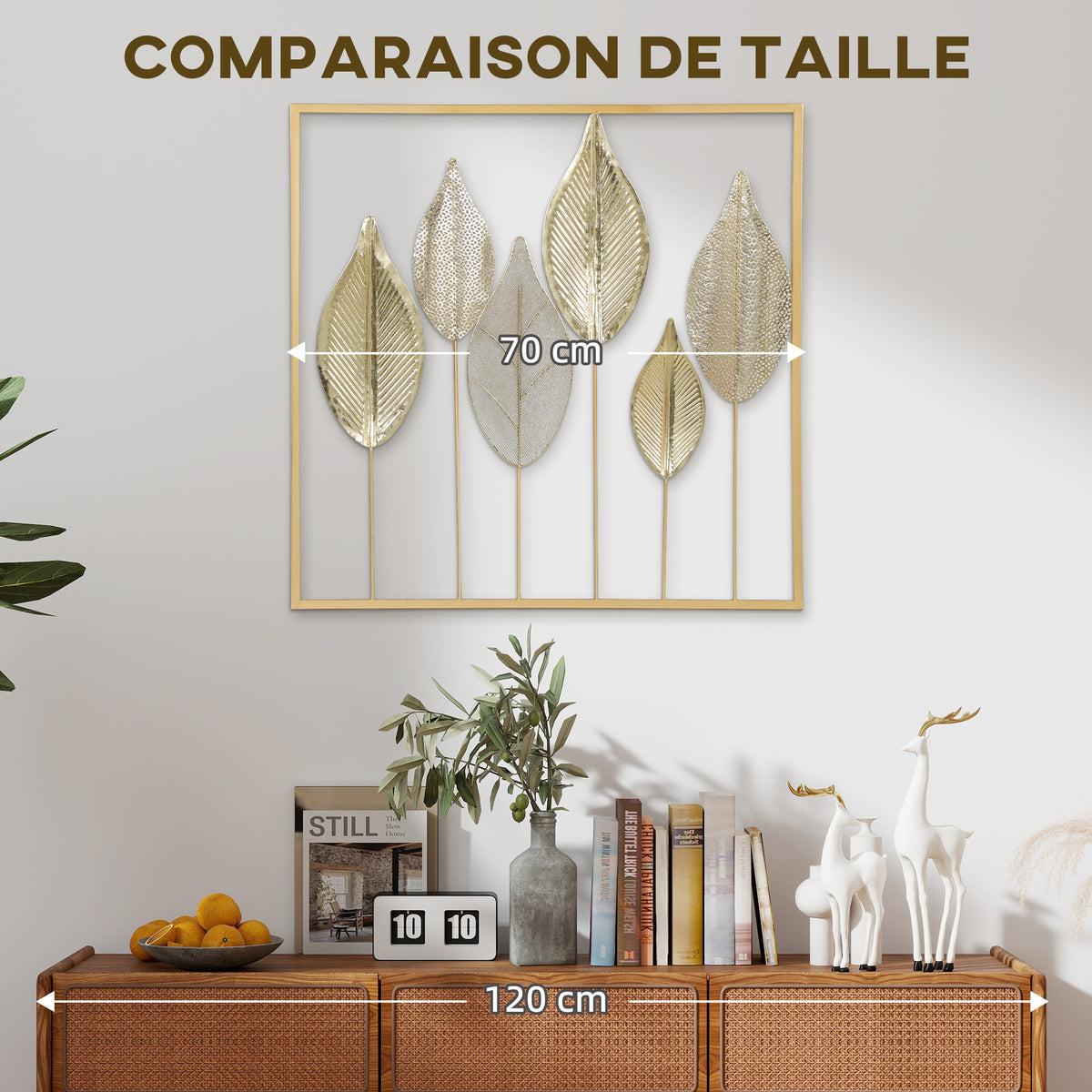 Décoration murale en métal moderne, sculpture murale en métal en forme de feuille, 70 x 70 cm, doré