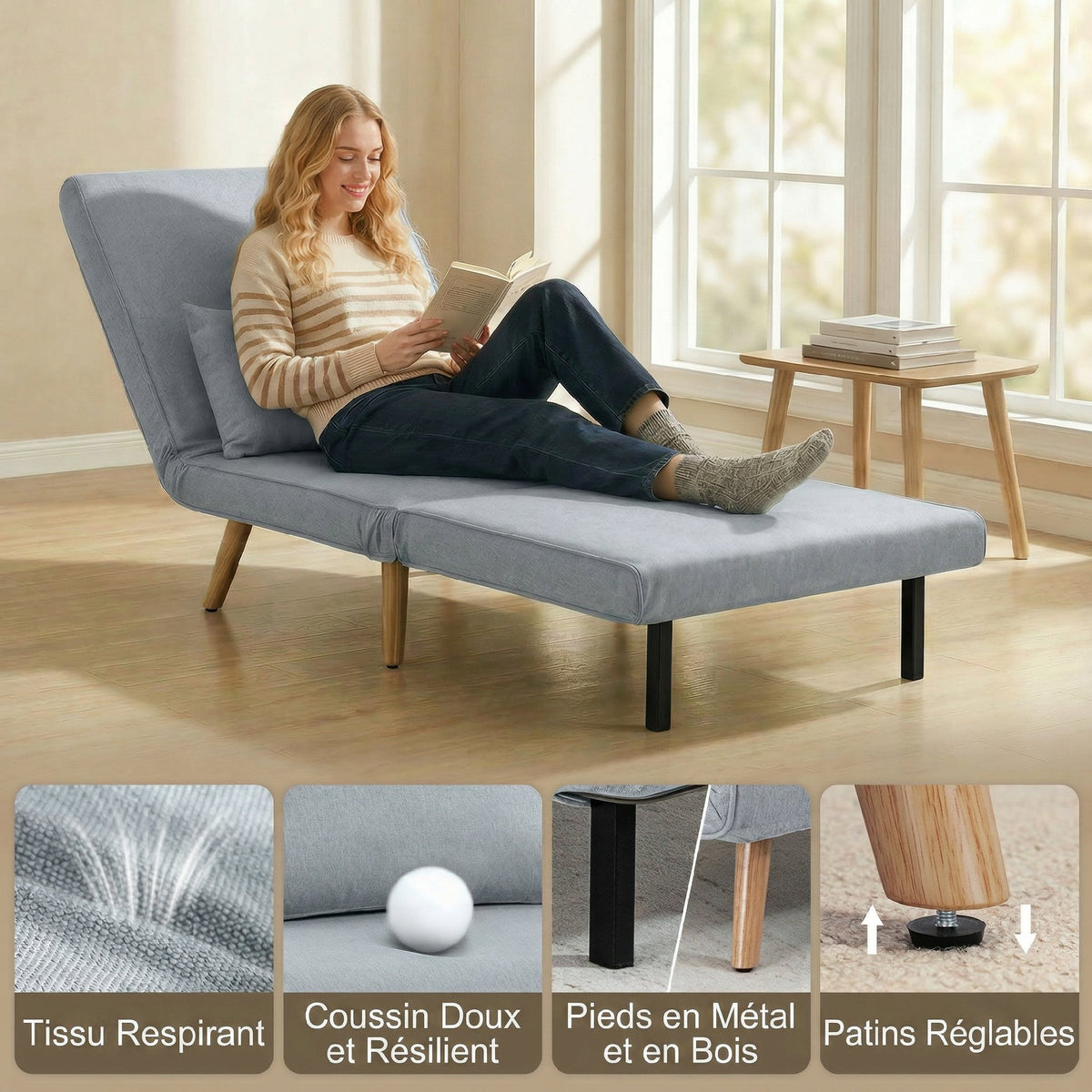 3-in-1 slaapfauteuil, eenpersoons slaapstoel, verstelbare rugleuning in 5 posities, stof, met kussen, grijs