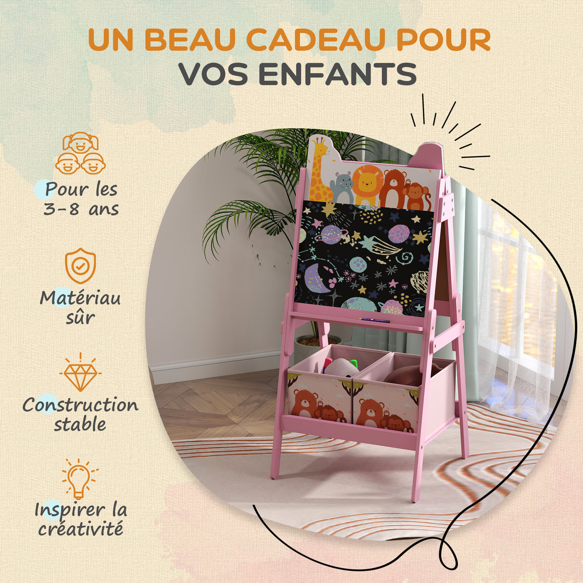 Tableau enfant chevalet enfant double face 2 boîtes de rangement pour enfants 3 - 8 ans 49 x 53,5 x 113 cm rose