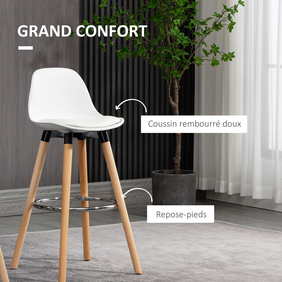Lot de 2 tabourets de bar, chaises de bar en PU avec dossier et repose-pieds, assise rembourrée 69 cm, pieds en bois, style moderne, tabourets hauts pour cuisine, salle à manger, salon, blanc