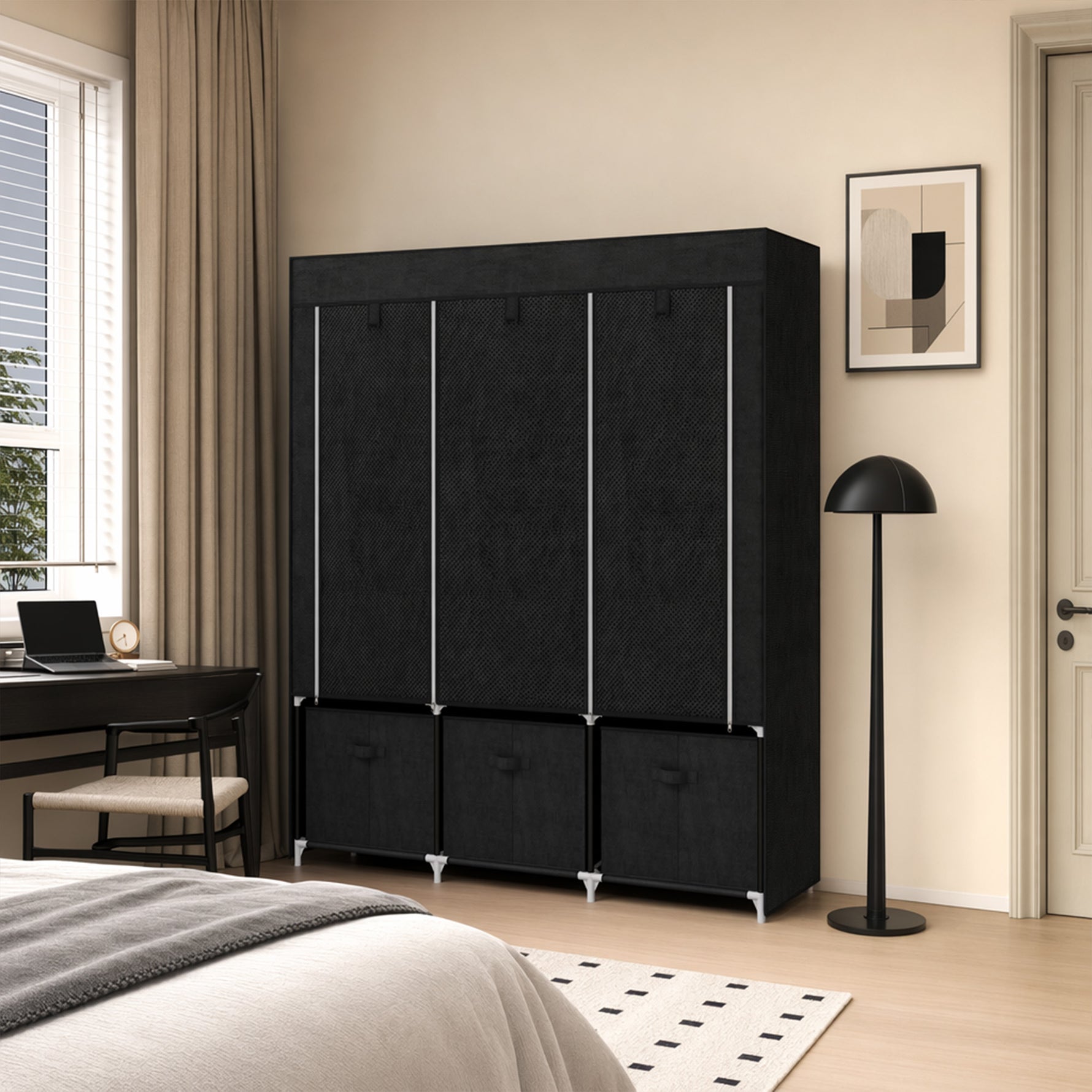 Armoire de rangement en tissu pliable avec 5 étagères, 2 tringles et 3 tiroirs en tissu 125L x 43l x 162.5H cm