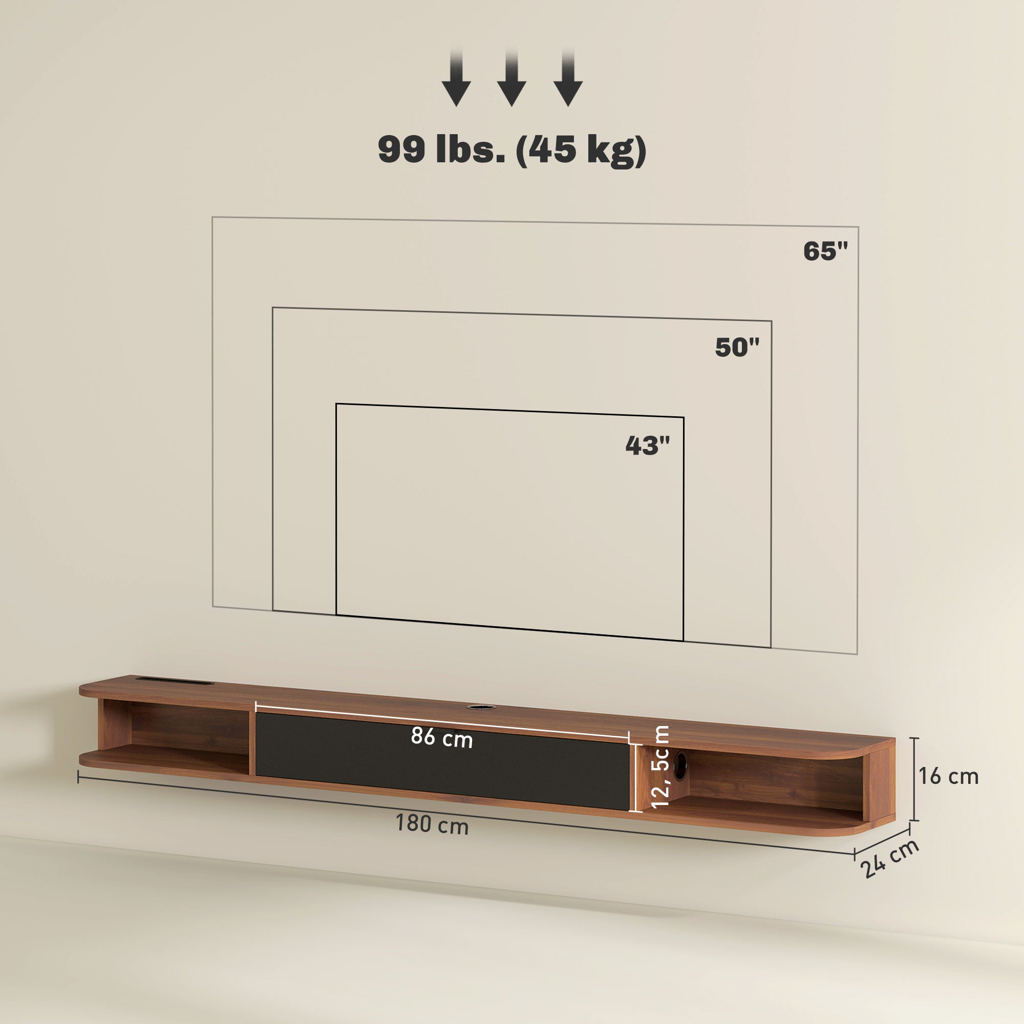Meuble TV Suspendu, Meuble Télé pour Téléviseur jusqu'à 75 Pouces, Tiroir Rabattable, 2 Étagères, 180x24x16cm, Noyer