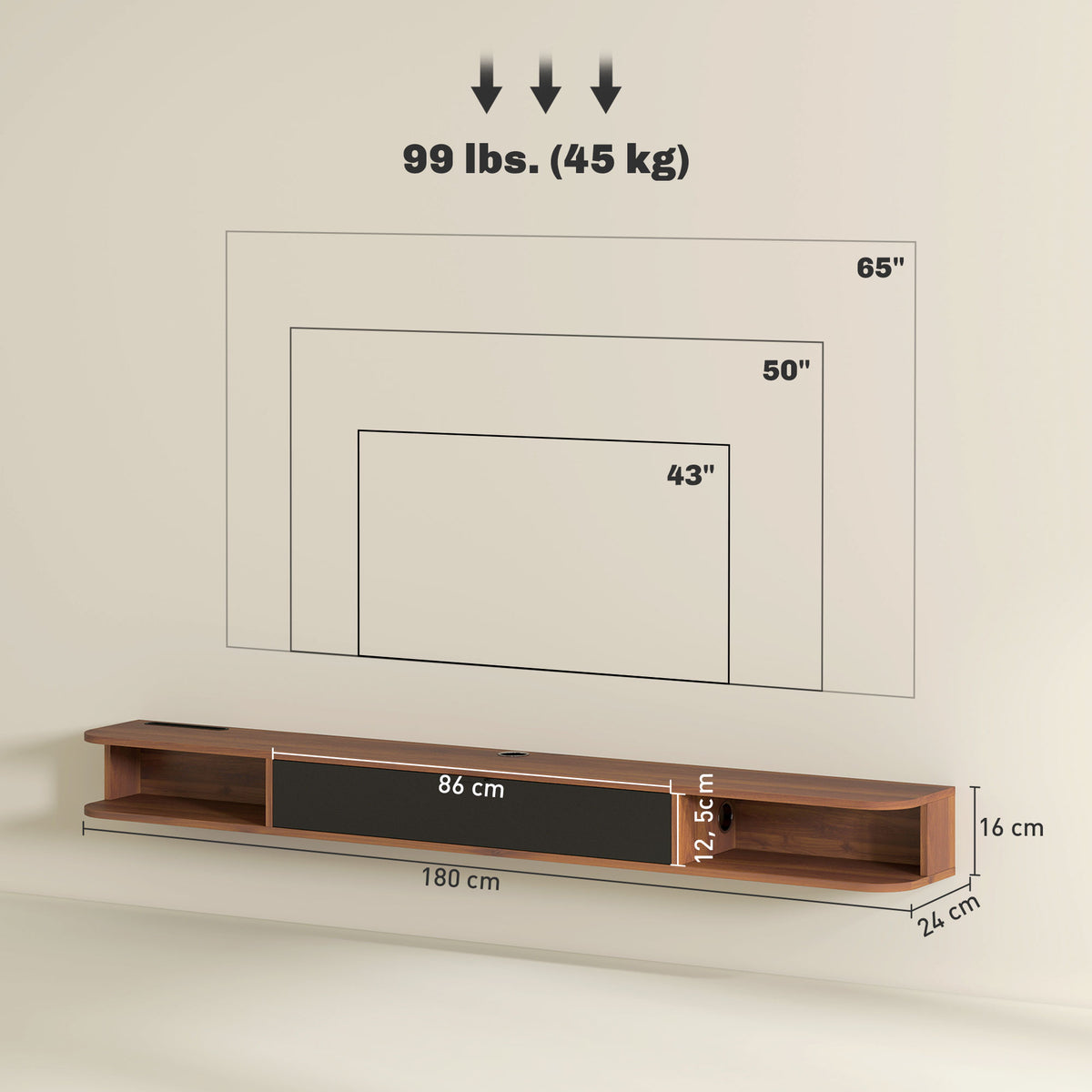 Meuble TV Suspendu, Meuble Télé pour Téléviseur jusqu'à 75 Pouces, Tiroir Rabattable, 2 Étagères, 180x24x16cm, Noyer