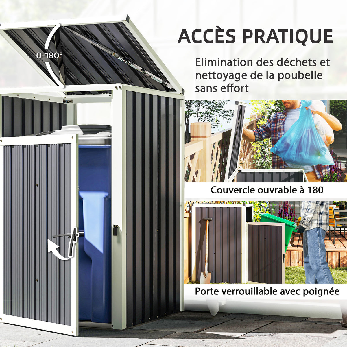 Abri pour 1 poubelle 240L cache poubelle extérieur couvercle relevable 180° acier galvanisé 73 x 81 x 122 cm gris foncé