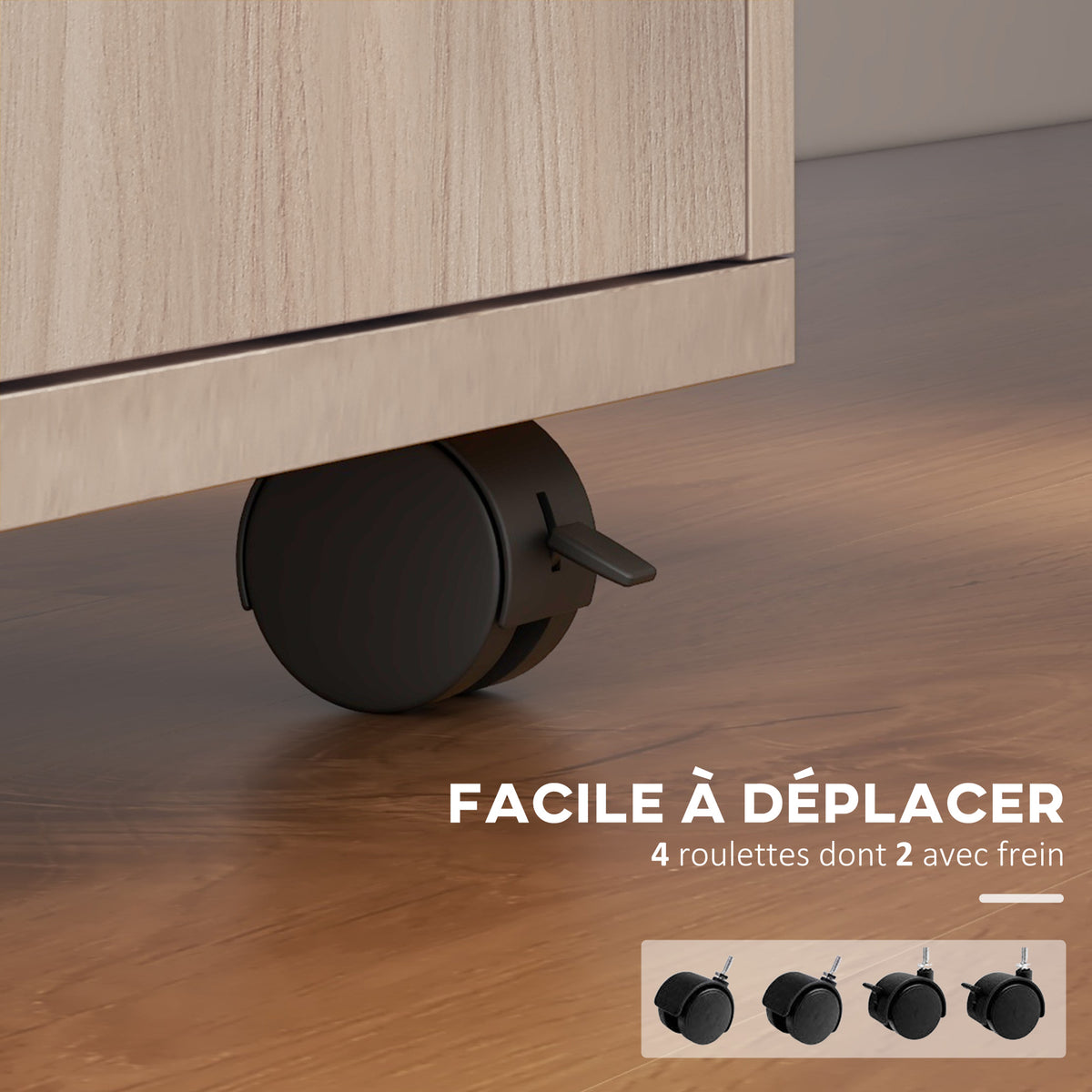 Caisson de bureau à roulettes avec tiroir placard et niche pour documents et dossier suspendu 40 x 35 x 60 cm chêne