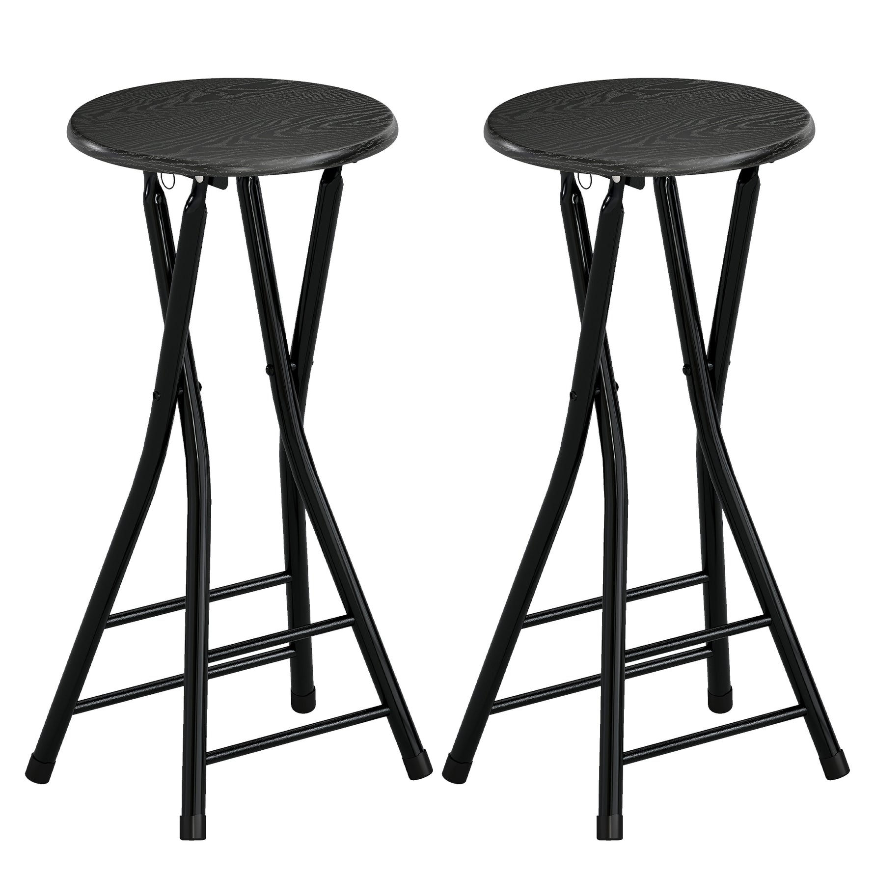 Lot de 2 Tabourets de Bar Pliables, Chaises de Bar Ronds avec Double Repose-Pieds, Cadre en Acier, Noir