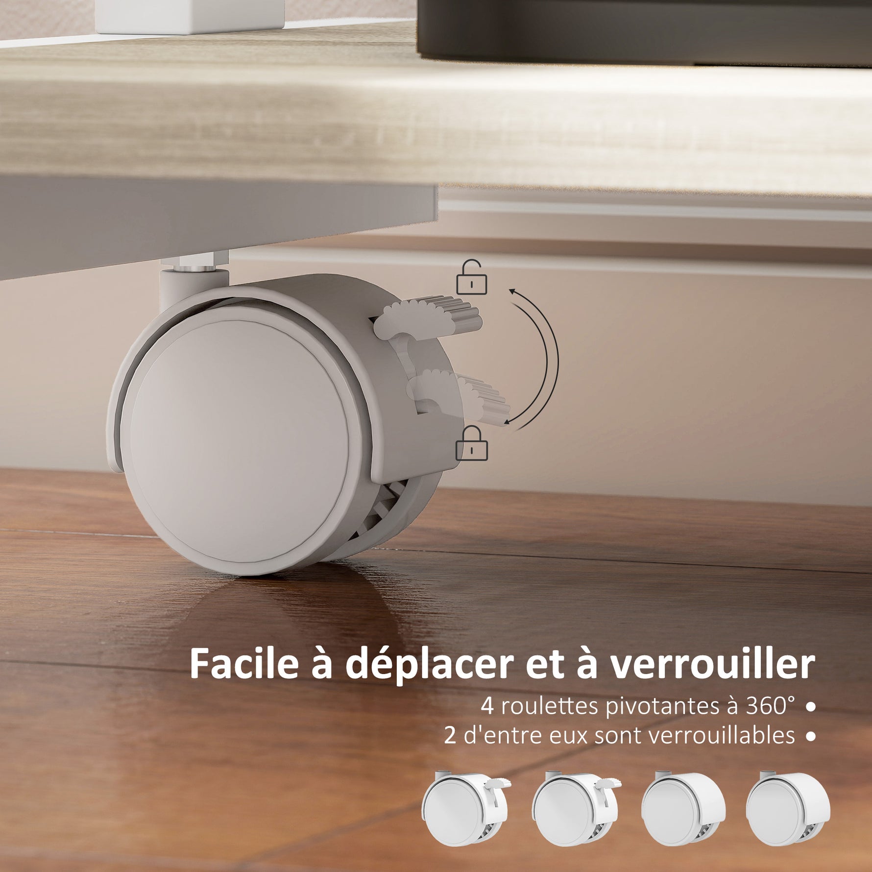 Bureau d'ordinateur sur roues, bureau avec rangement 56 x 51 cm avec tiroir, compartiment et support CPU, chêne