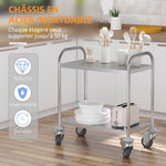 Chariot de service desserte de cuisine à roulettes 2 étagères 80L x 45l x 82H cm acier inox. chromé