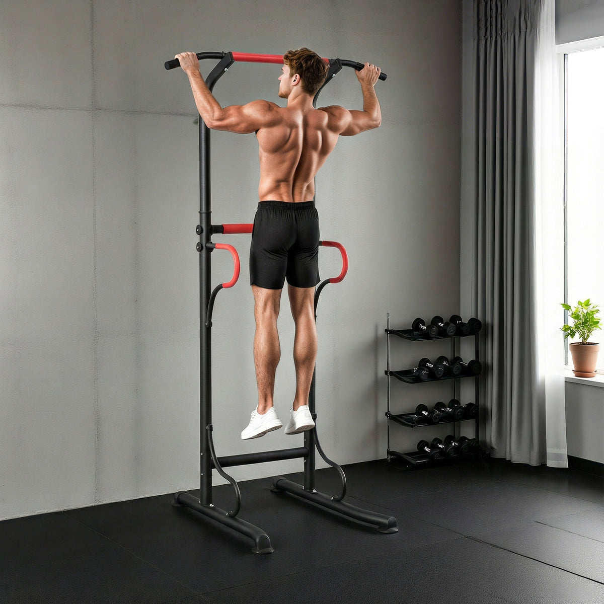 Station de musculation multifonctions barre de traction chaise romaine hauteur réglable acier noir rouge
