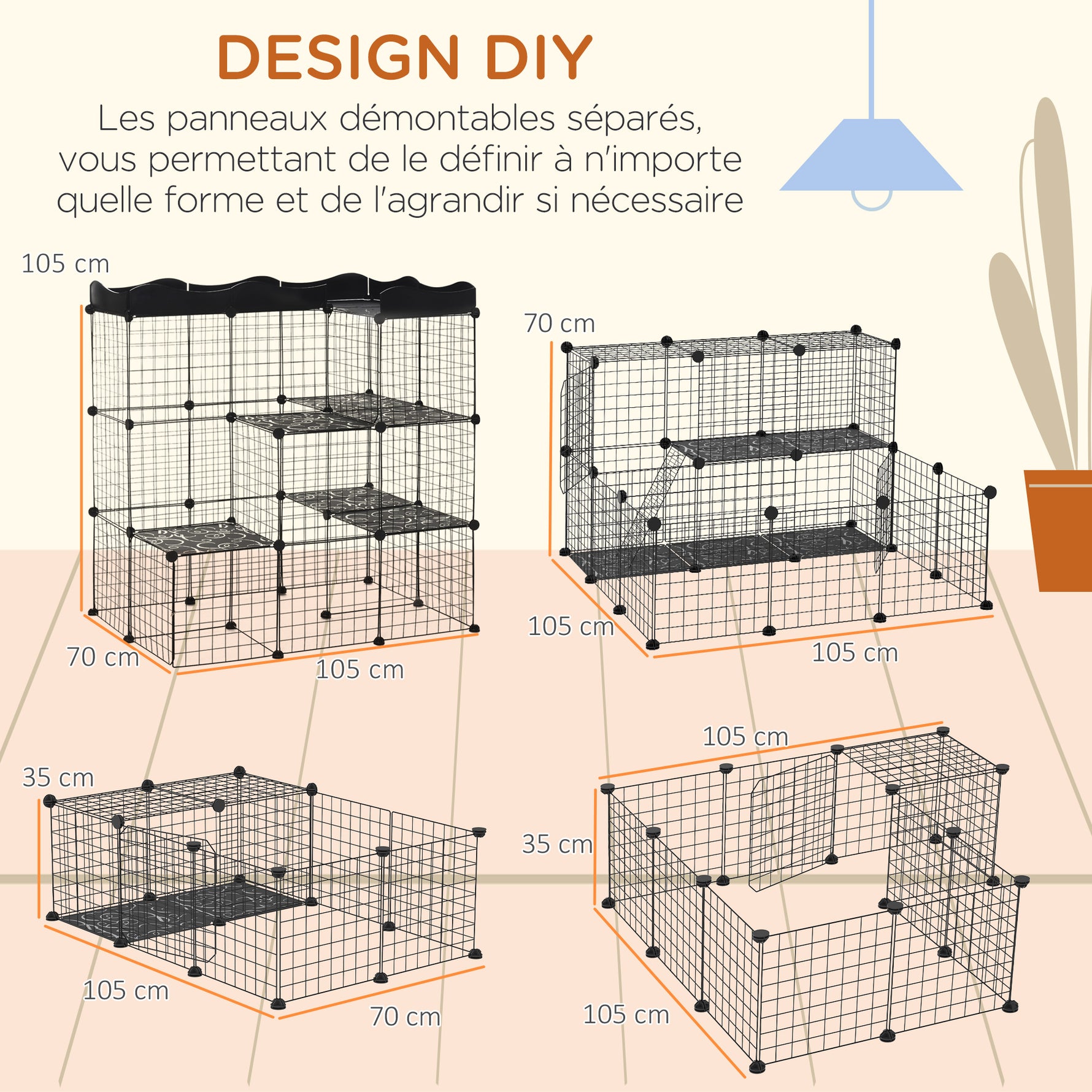 Lot de 2 cages parc enclos pour petits animaux chats visons modulable 3 niveaux 2 portes rampe fil métallique noir