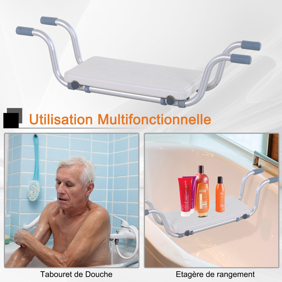Badewannensitz – verstellbarer Einhängesitz – Duschhocker – Maße 73–83L x 22B x 18H cm – Aluminium/HDPE Weiß