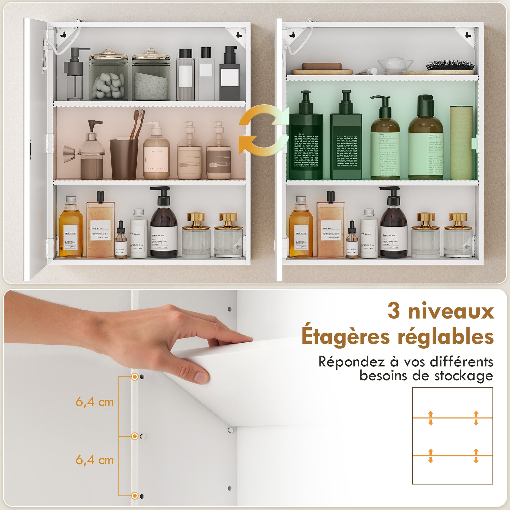 Armoire murale salle de bain avec miroir et éclairage LED, anti-buée, étagères réglables, 50 x 15 x 60 cm, blanc