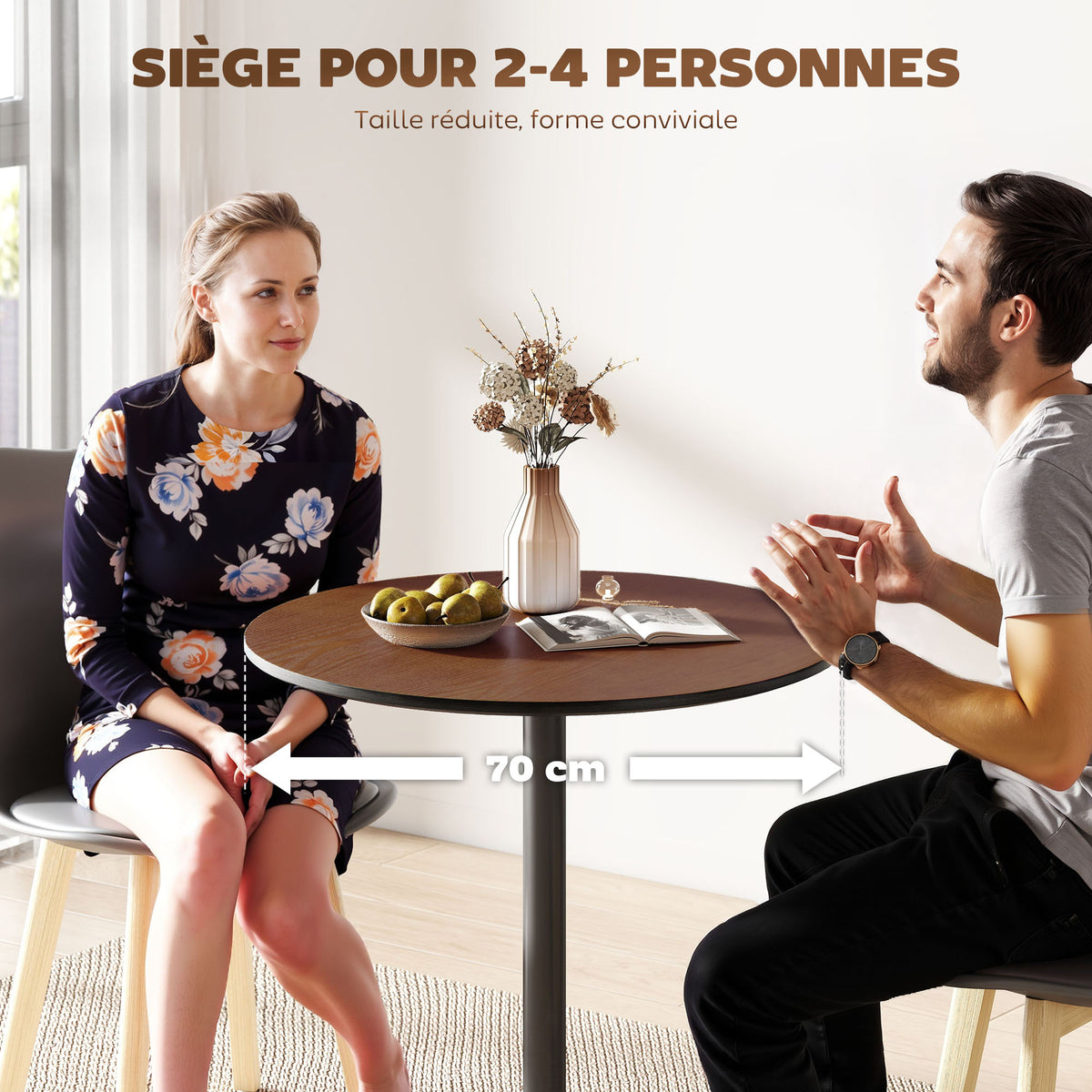 Table à manger ronde 70 cm pour 2 personnes avec plateau en placage de bois massif et piétement en acier marron