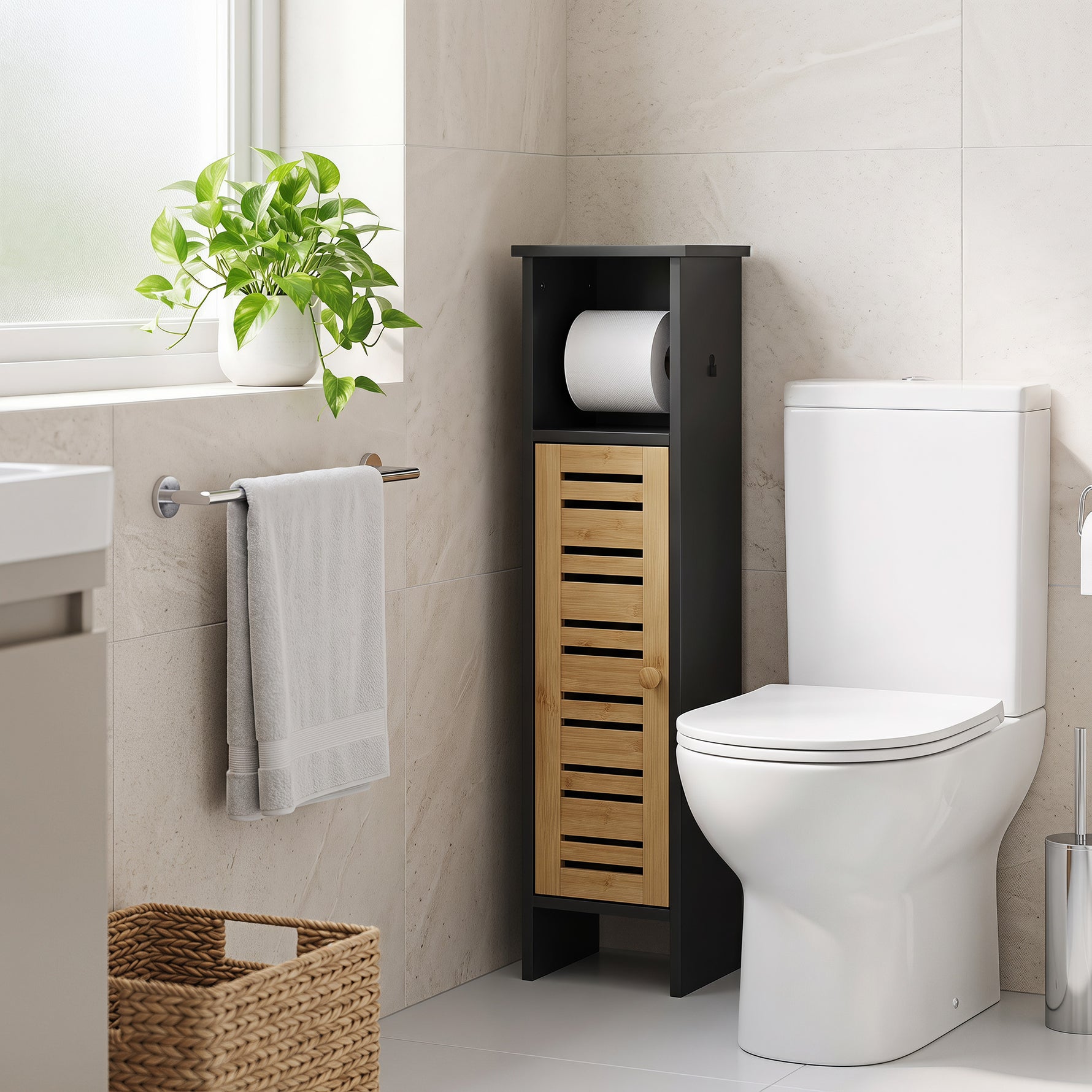 Meuble de salle de bain avec support papier toilette barre amovible 3 Niveaux + Sortie Papier, 78H cm, Bambou noir