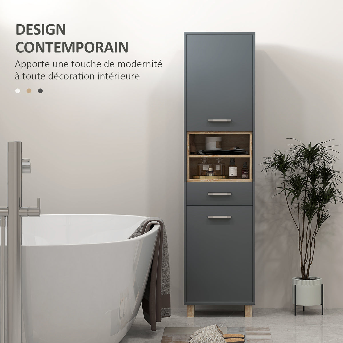 Colonne salle de bain, meuble salle de bain rangement avec 2 placards, tiroir et 2 compartiments ouverts, gris