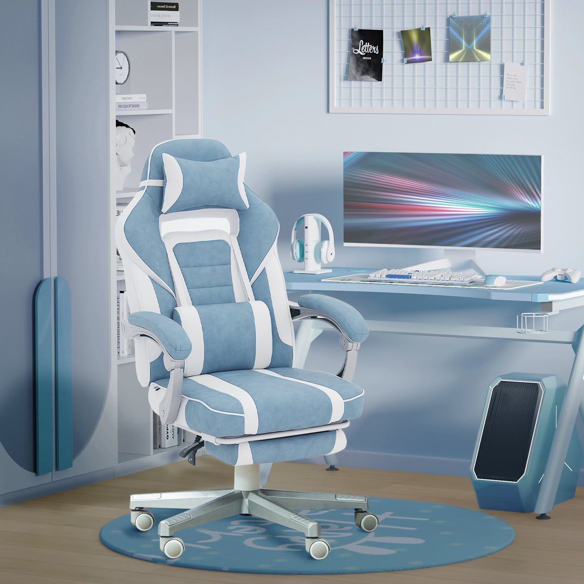 Chaise gaming, fauteuil gaming ergonomique avec repose-pieds, hauteur réglable, dossier inclinable, 63x63x123cm, bleu