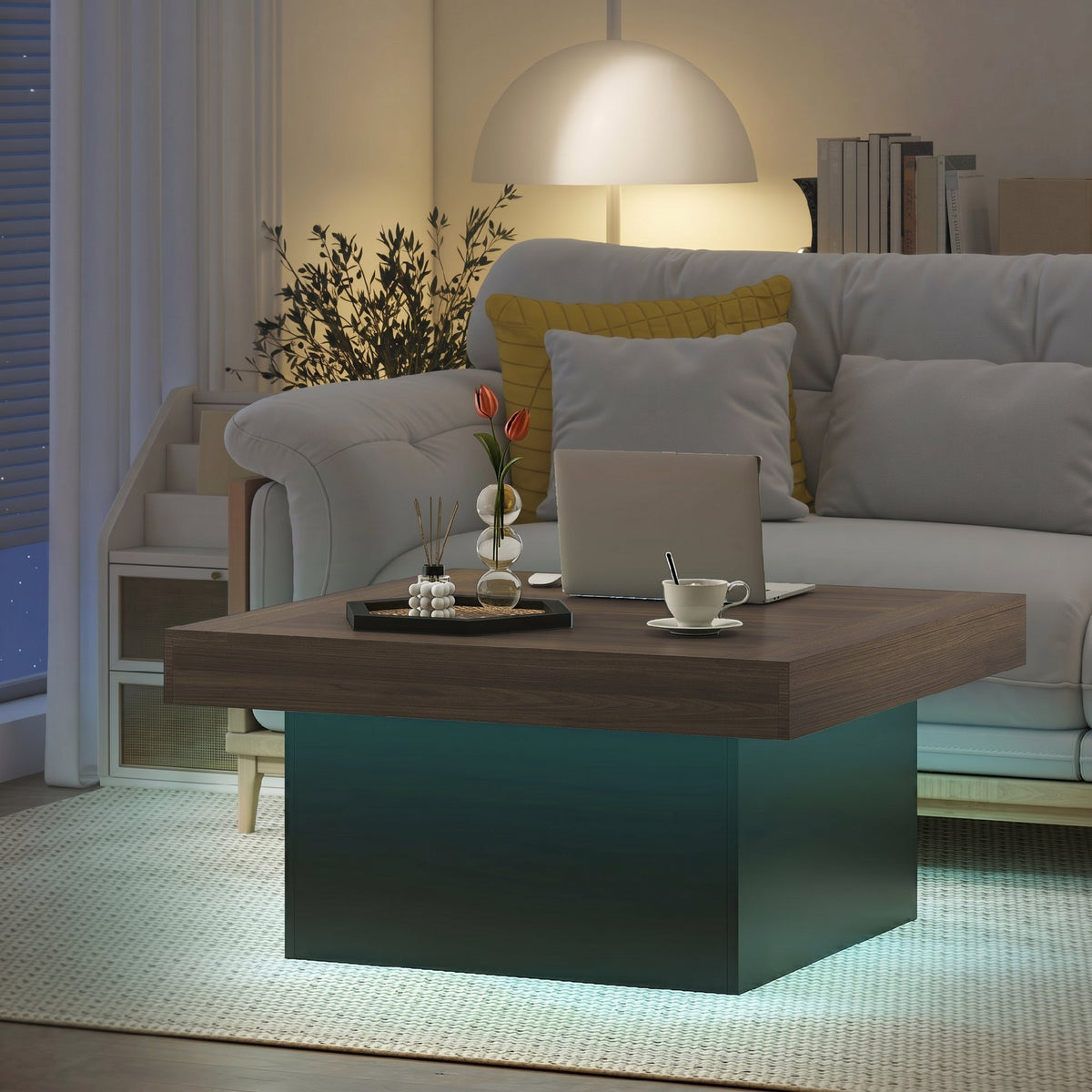 Mesa de centro cuadrada con iluminación LED de 16 colores, mesa de salón moderna, 90 x 90 x 45 cm, nogal