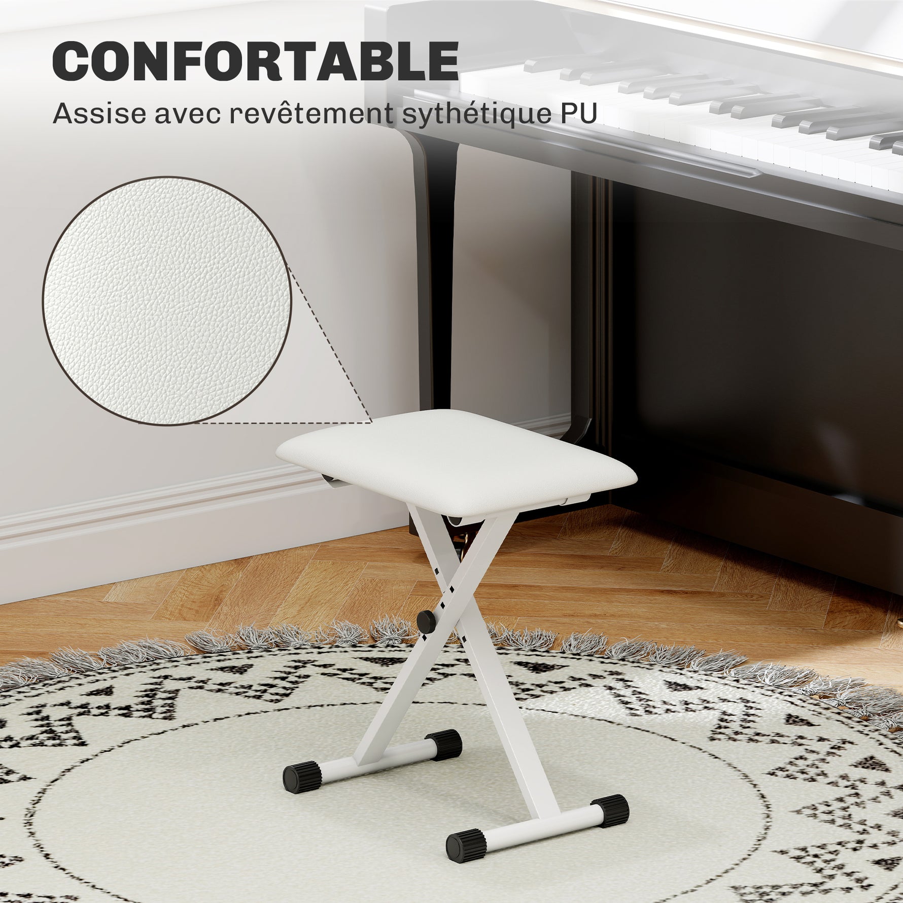 Tabouret piano pliable, banc piano réglable en hauteur, siège rembourré en PU, 39 x 29 x 37-47 cm, blanc
