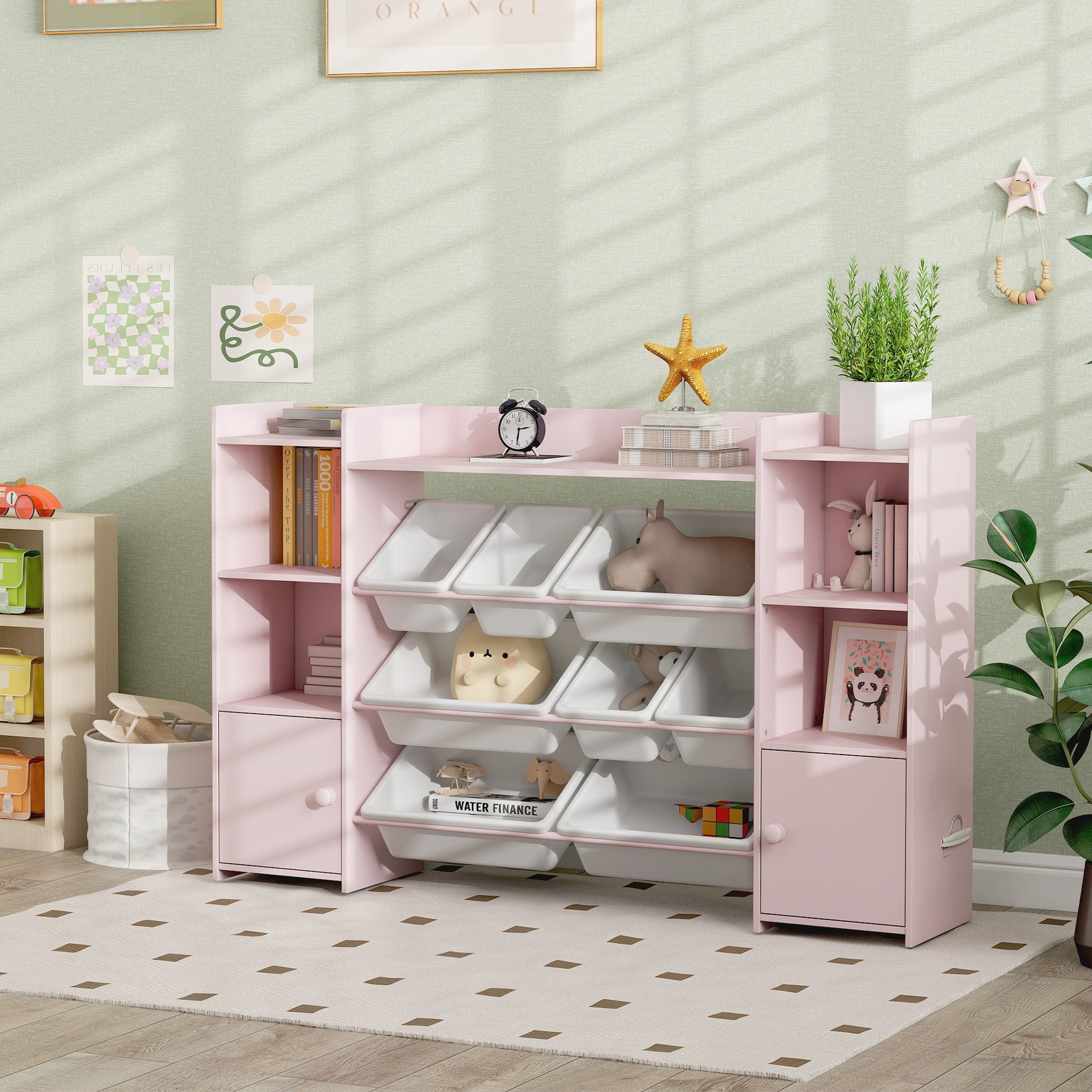 Meuble rangement enfant, étagère de rangement pour jouets enfants avec 8 bacs amovibles, 140 x 30 x 90 cm, rose