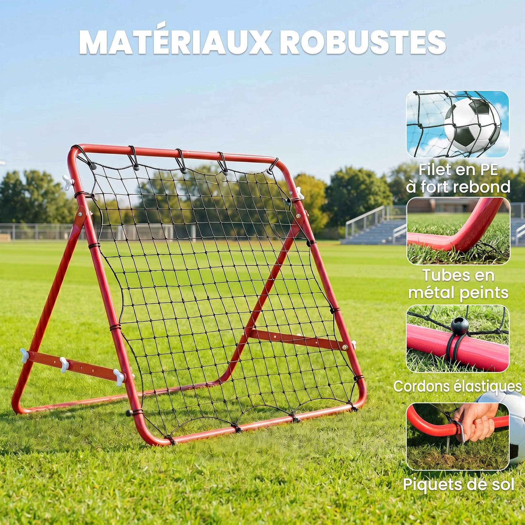 Filet de rebond en métal angle réglable et 20 cordes élastiques pour entraînement de football, tennis, handball 96x80x96
