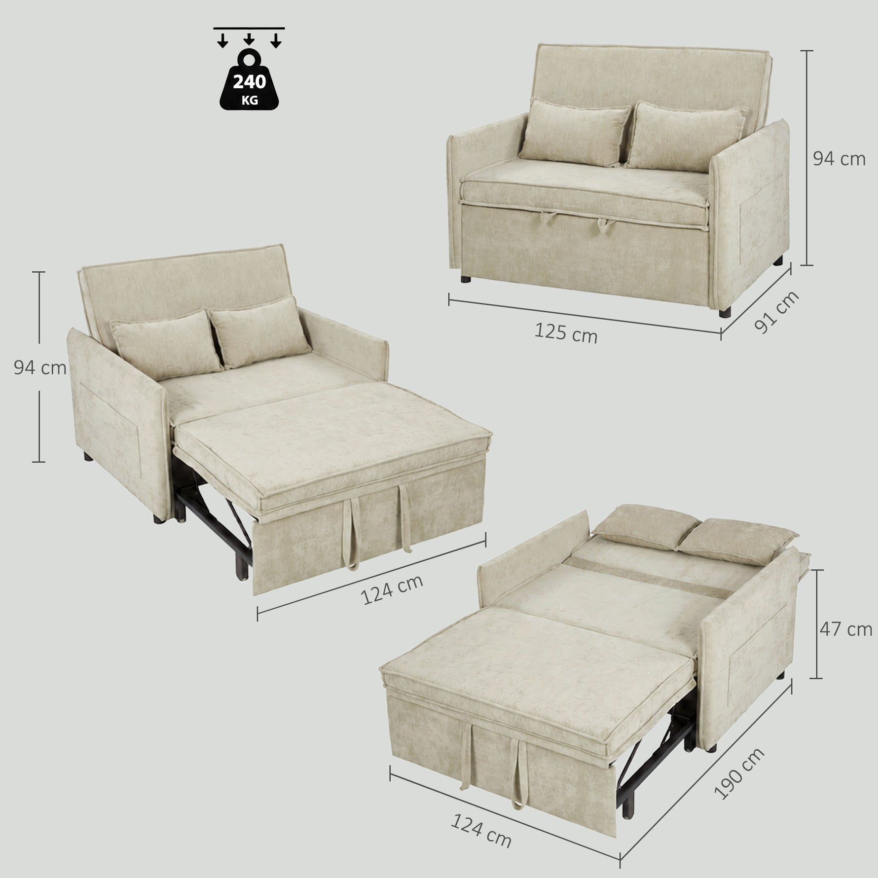Canapé Convertible 2 Places, Canapé-Lit 3 en 1 Chenille 125 cm avec Dossier Réglable, Assise Large, 2 Oreillers, Crème