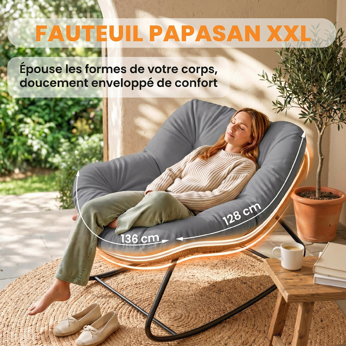 Fauteuil à Bascule Papasan Intérieur Extérieur, Chaise Ovale à Bascule Rembourrée pour Jardin, Patio, Gris
