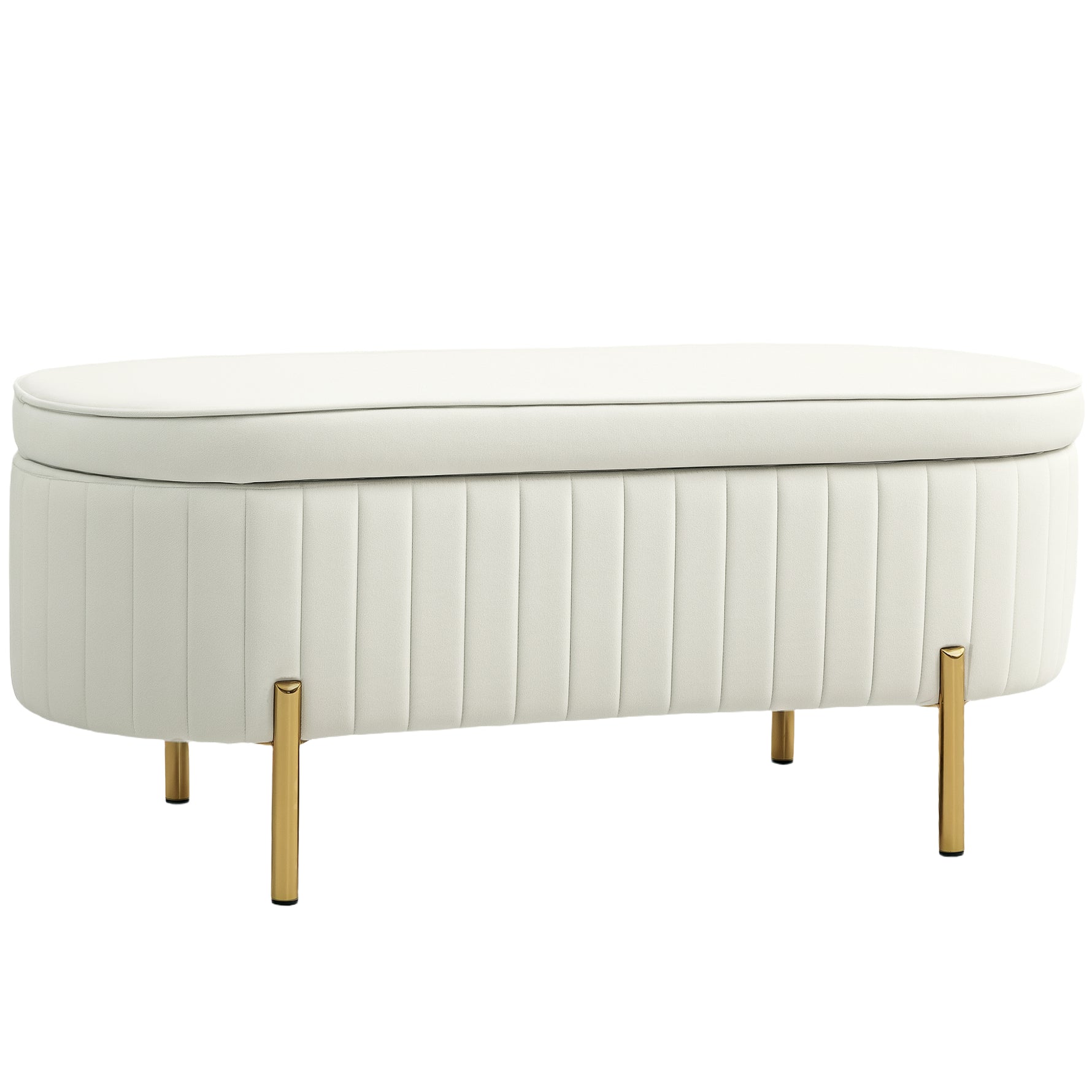 Banc de rangement, bout de lit en velours avec couvercle, pieds en métal, capacité 72 L, 108x44x43,5cm, crème-0