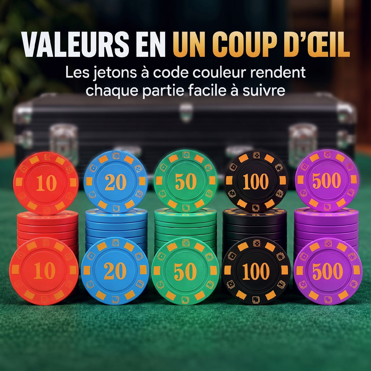 Poker-Koffer 500 Jetons 5 Werte, 2 Kartendecks, Spielmatte, Dealer-Button, Blind, Alu, 31x17x11,5 cm, Schwarz