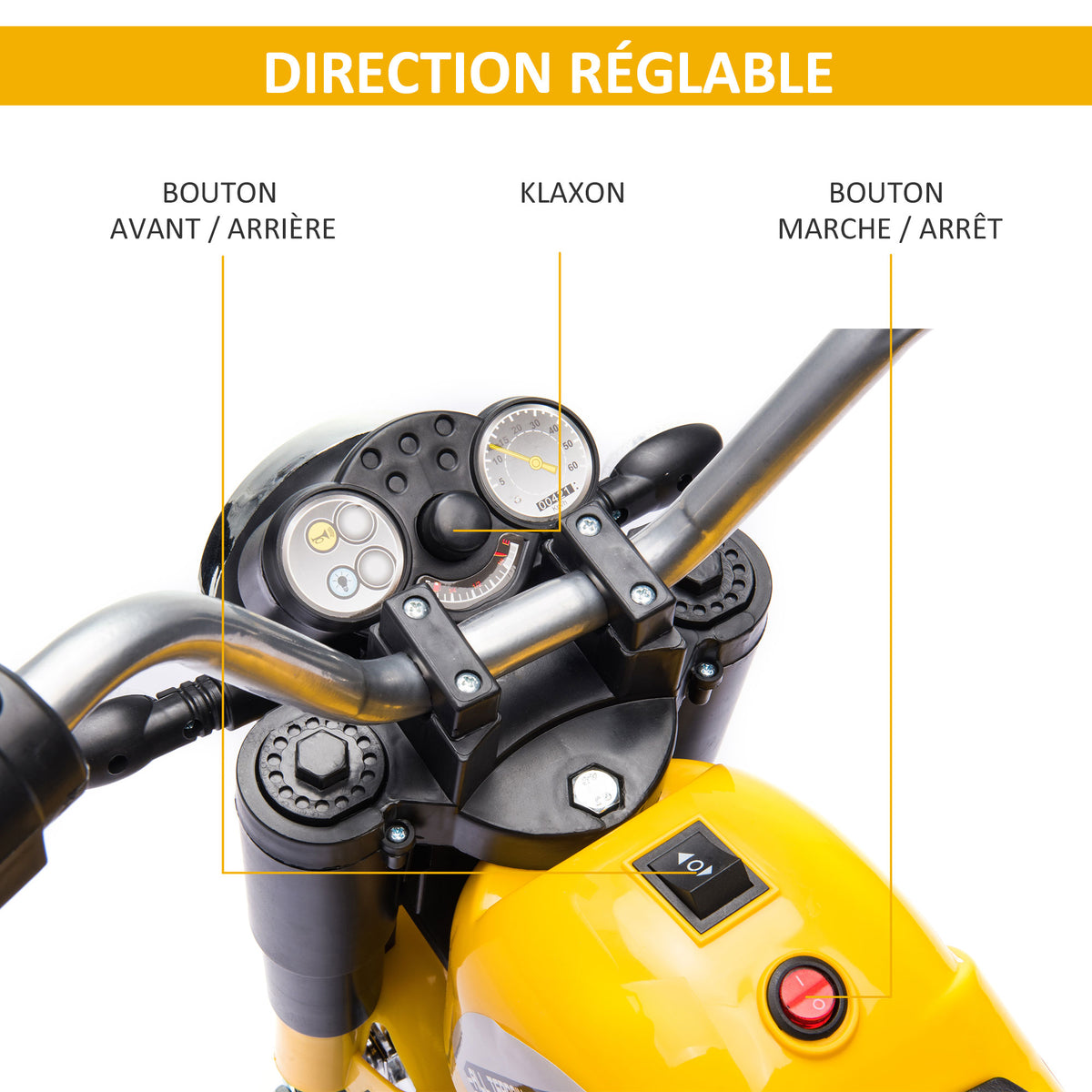 Moto électrique Enfant Chopper Tout-Terrain 6 V 20 W Marche AV AR 3 Roues Effets Lumineux et sonores Jaune Noir