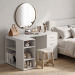 Bureau d'Angle, Bureau Informatique en L, 3 Tiroirs, 5 Compartiments Ouverts, Étagères Réglables, 140x100x75cm, Blanc