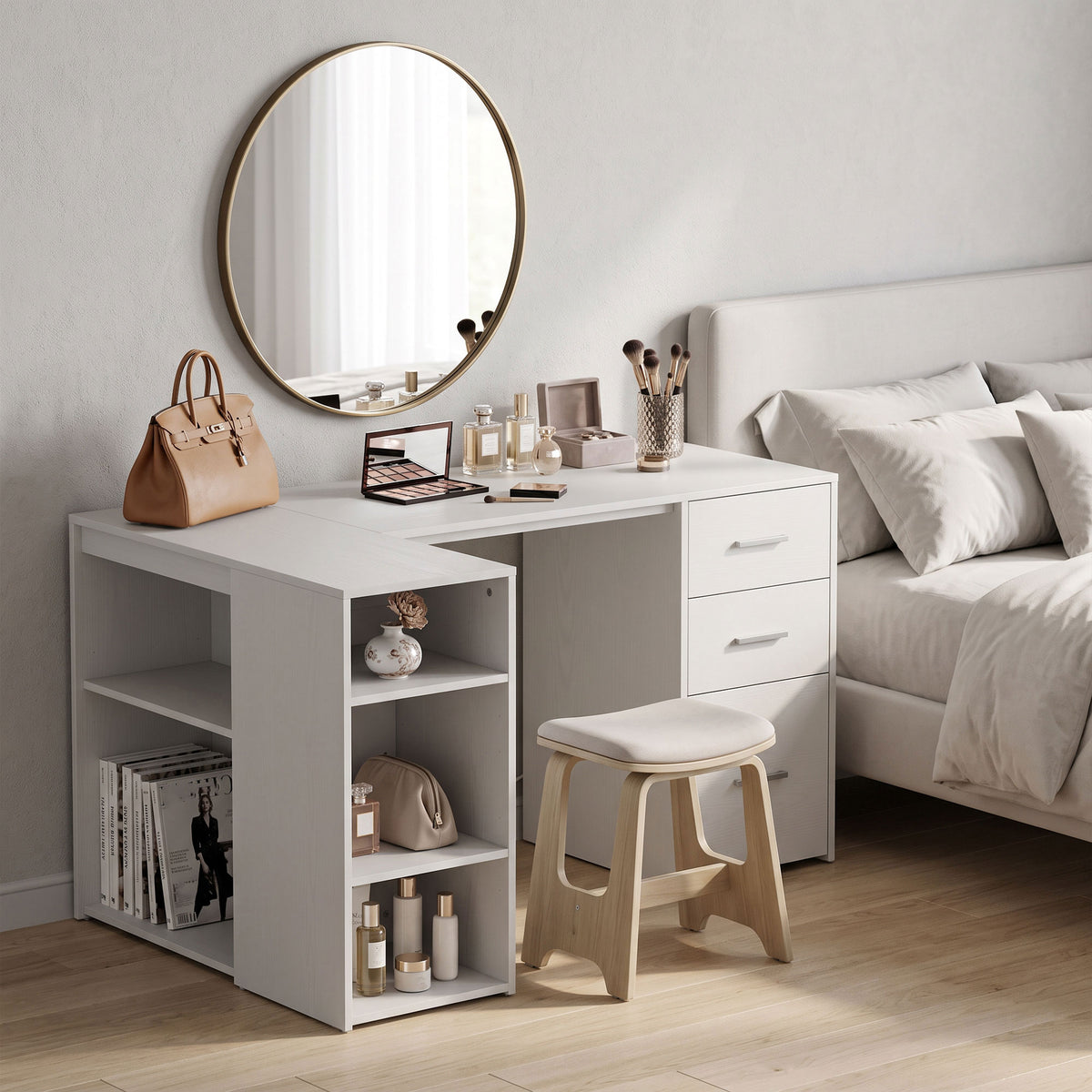 Bureau d'Angle, Bureau Informatique en L, 3 Tiroirs, 5 Compartiments Ouverts, Étagères Réglables, 140x100x75cm, Blanc