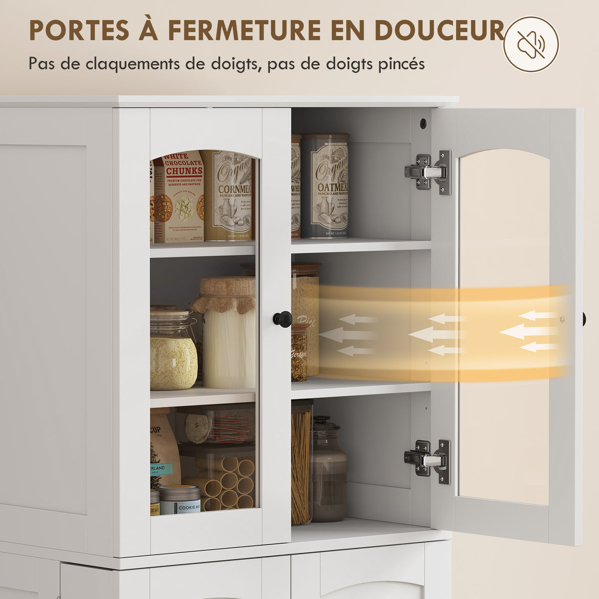 Kitchen tall sideboard, acrylic display cabinet, 4 doors, 10 compartments, 8 shelf racks, 60 x 40 x 162 cm, white