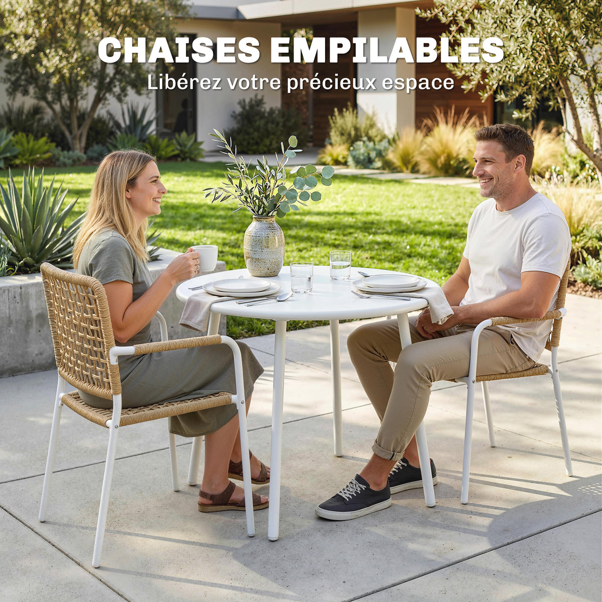 Lot de 2 Chaises de Jardin Empilables en Résine Tressée avec Accoudoirs et Dossier, 55x57x82cm, Jaune