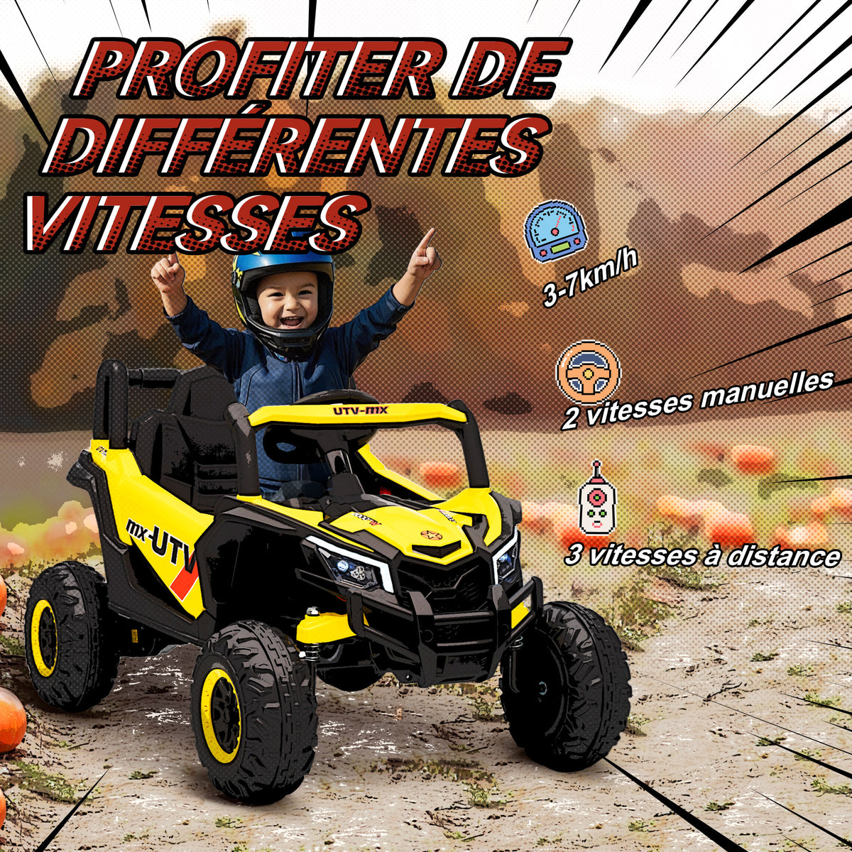 Voiture électrique enfants UTV 12 V, buggy électrique enfants avec télécommande, 96 x 61 x 56 cm, jaune