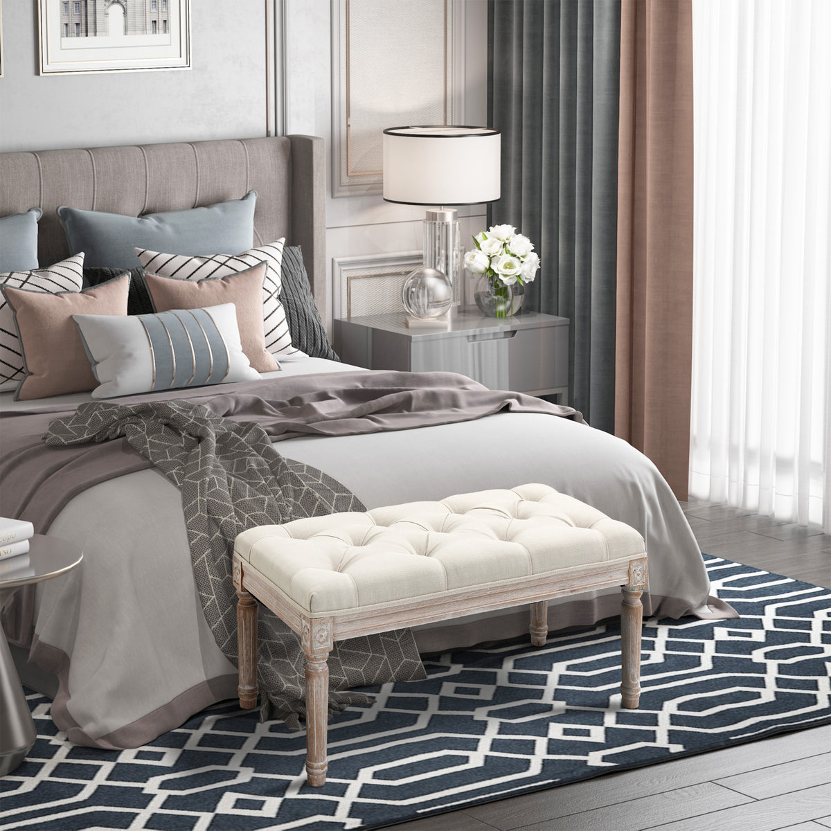 Banc Banquette classique capitonné 80cm bout de lit Rembourrée en lin - bois d'hévéa sculpté, patiné - Crème