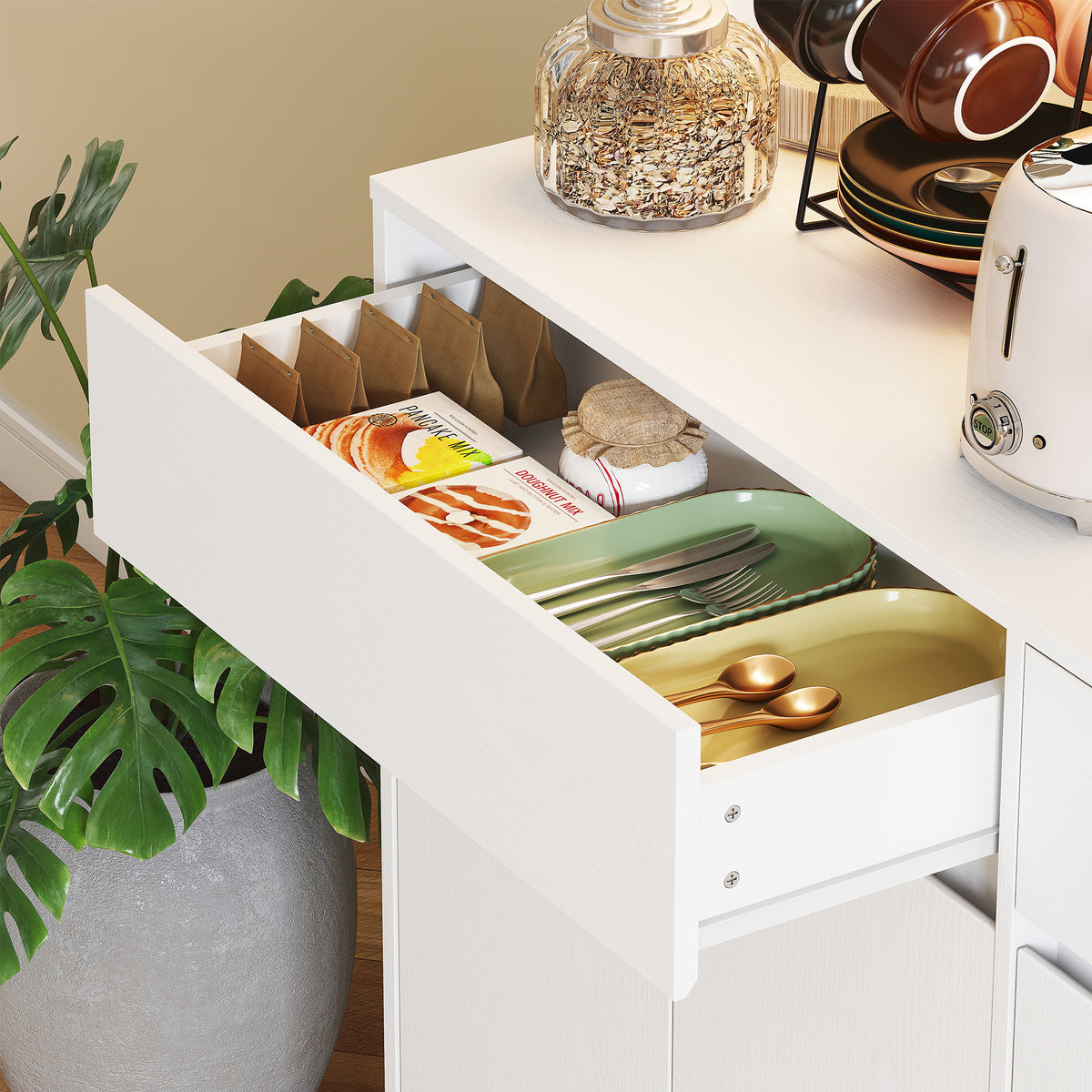 Aparador de cocina, mueble de cocina, armario alto con luz LED RGB, encimera, 6 puertas, 2 cajones, blanco