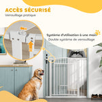 Barrera de seguridad para perros, sistema de doble cierre, montaje a presión o con tornillos, ancho 76-104 cm, blanca