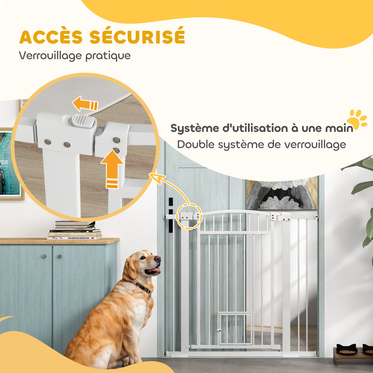 Barrera de seguridad para perros, sistema de doble cierre, montaje a presión o con tornillos, ancho 76-104 cm, blanca