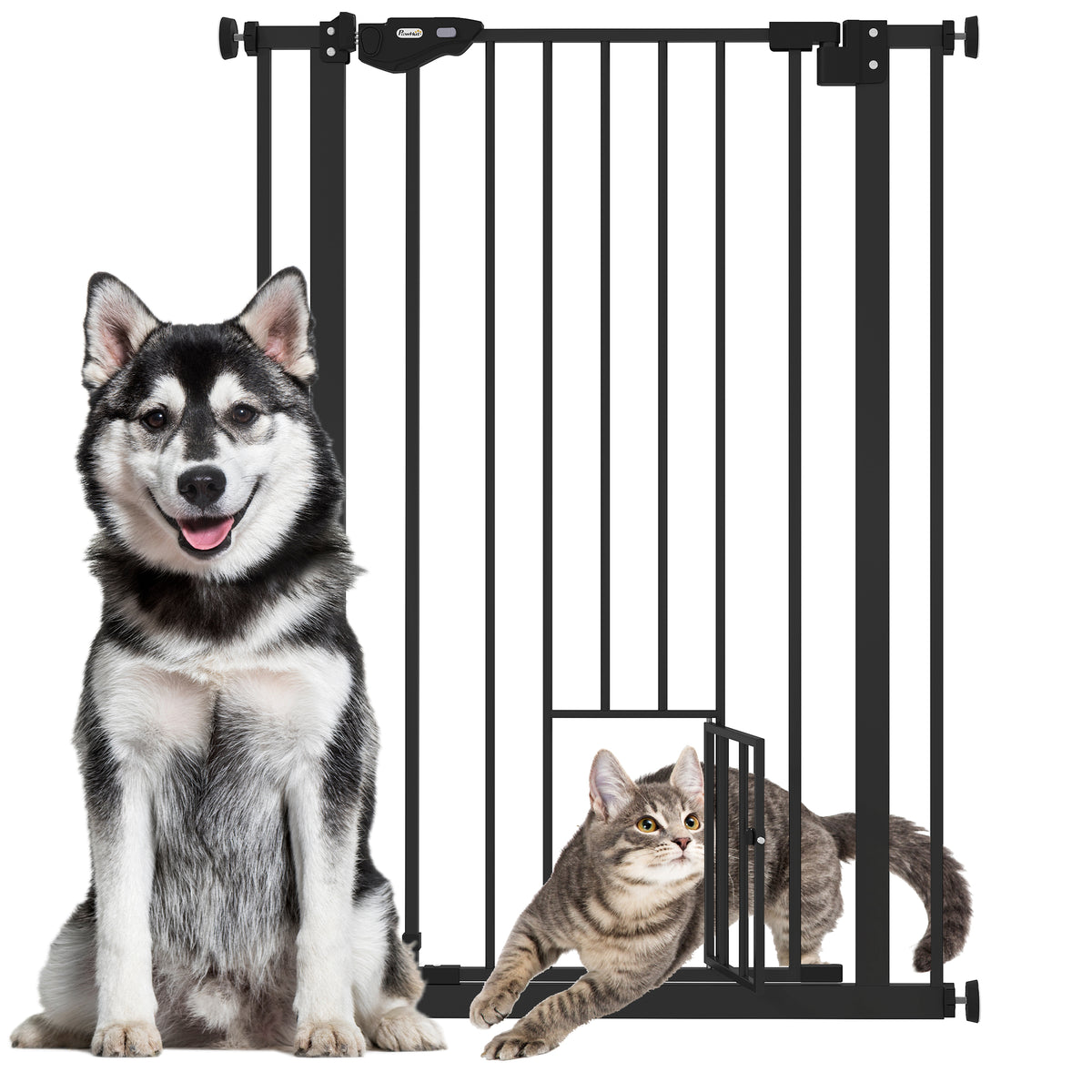 Barrière de sécurité animaux de 104H cm conception haute avec porte chat fermeture automatique système de double verrouillage sans percage de 74 à 80 cm acier noir