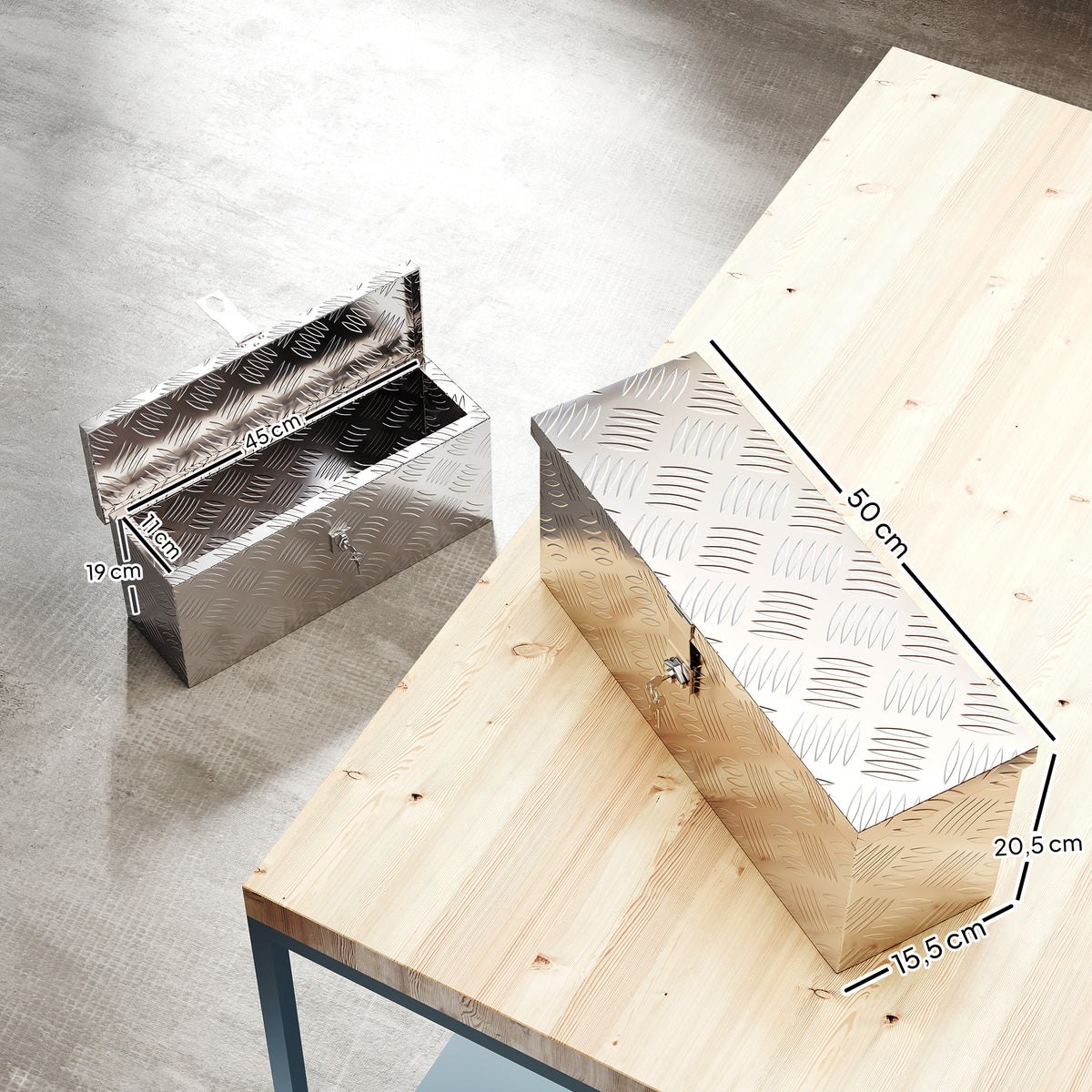 Caja de almacenamiento - caja de herramientas de aluminio - baúl de herramientas de aluminio. cierre con llave dim. 50L x 15,5an x 20,5al cm - plateado