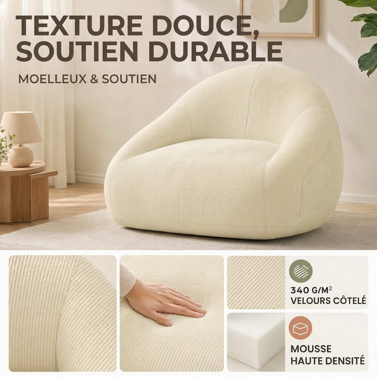 Pouf per adulti in velluto a coste, imbottito in schiuma, forma avvolgente, senza montaggio, 114x121x60 cm, crema