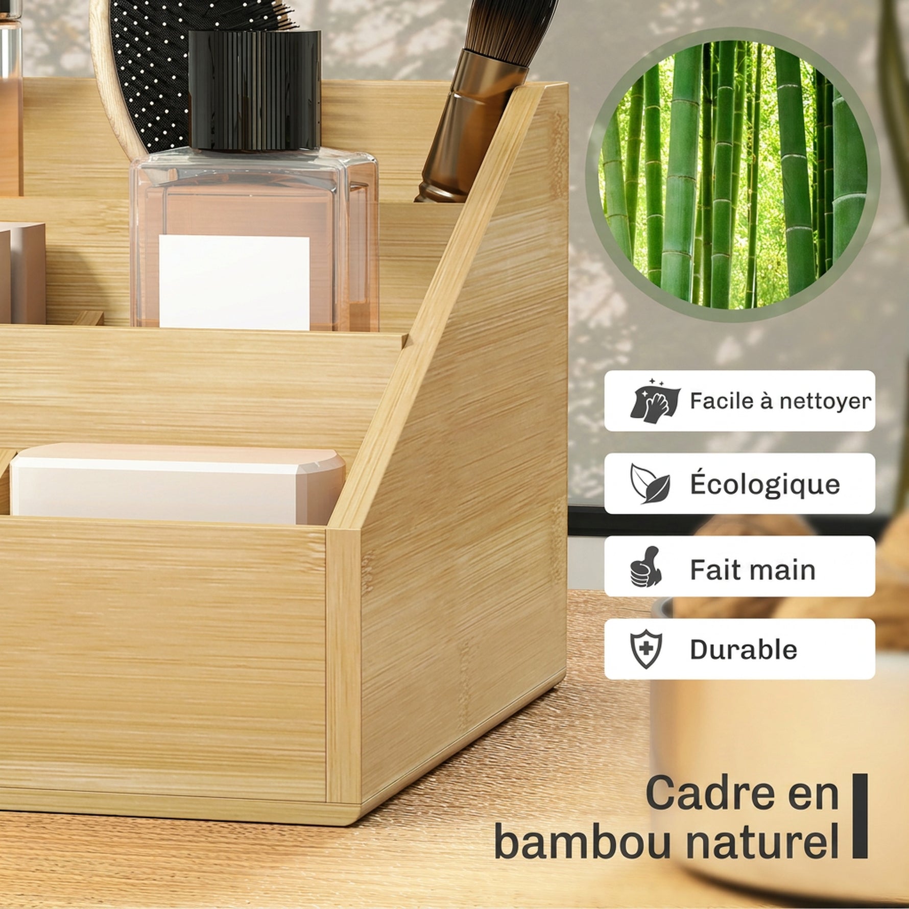 Boite de Rangement de Bureau - Organiseur de Bureau - 7 Compartiments, 2 tiroirs - Bambou Verni, Bambou