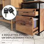 Caisson bureau mobile avec 2 tiroirs, meuble rangement bureau sur roulettes avec barres pour dossiers, marron