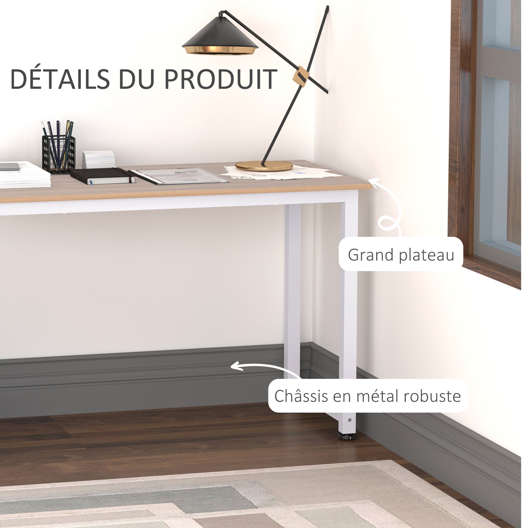 Table d'ordinateur table de salle à manger 120L x 60l x 76H cm chêne et Blanc Multifonction Grand Plateau Cadre Robuste en métal