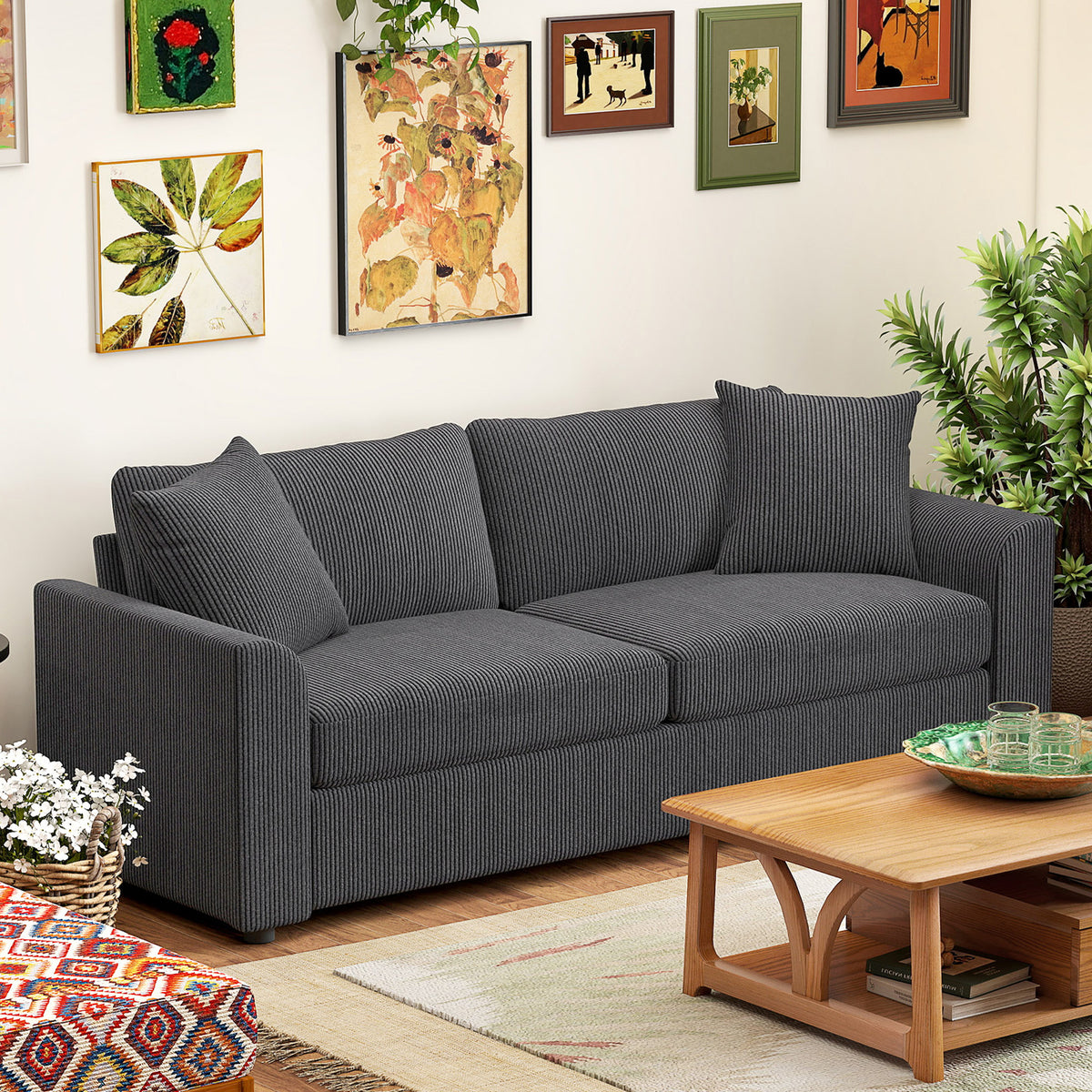 Sofá de 3 plazas de 212 cm con 2 cojines de muelles, tejido de pana, para salón, dormitorio, oficina en casa, gris oscuro